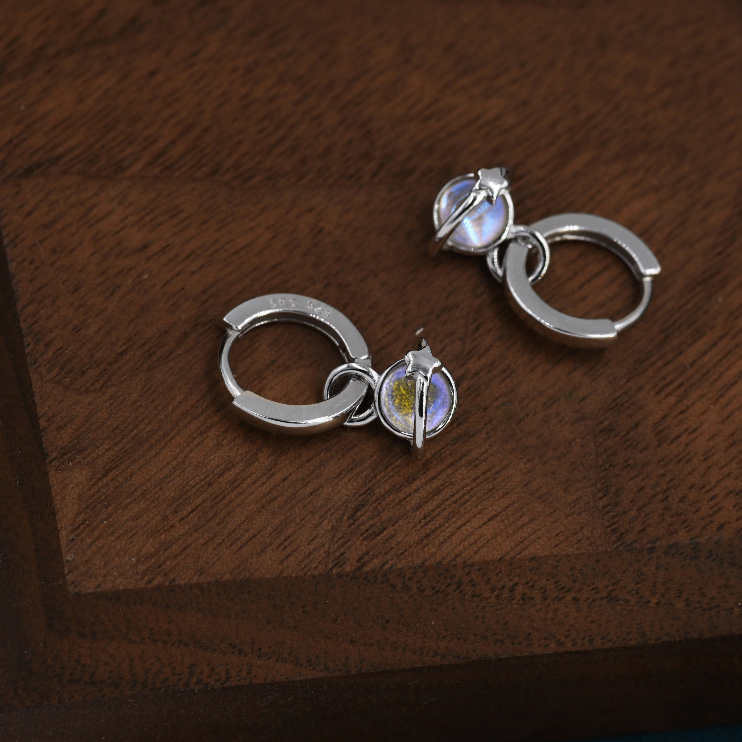 Moonstone Planet and Star Huggie Hoop Earrings in Sterling Silver, Simulated Moonstone, Detachable Charms, Saturn Earrings - Image 8