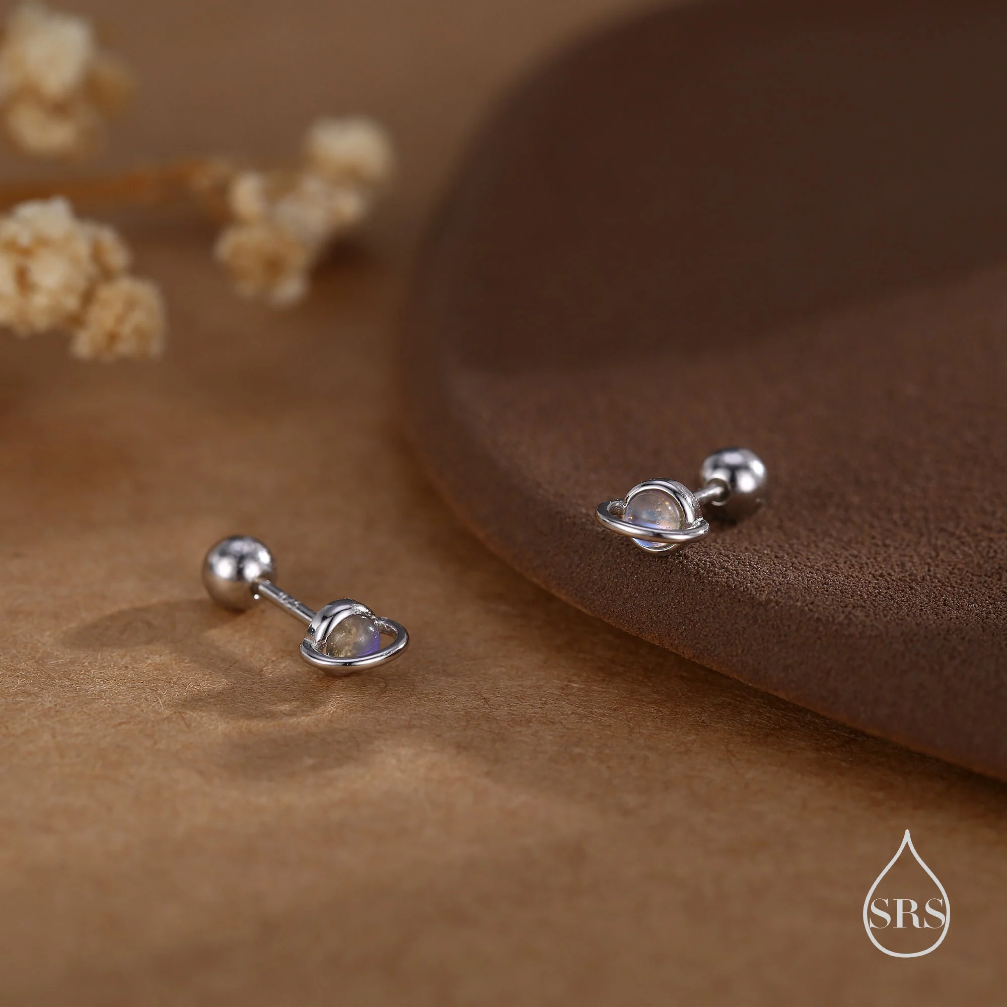 Moonstone Planet Screw Back Earrings in Sterling Silver, Lab Moonstone Planet Earrings, Opal Saturn Earrings - Image 3