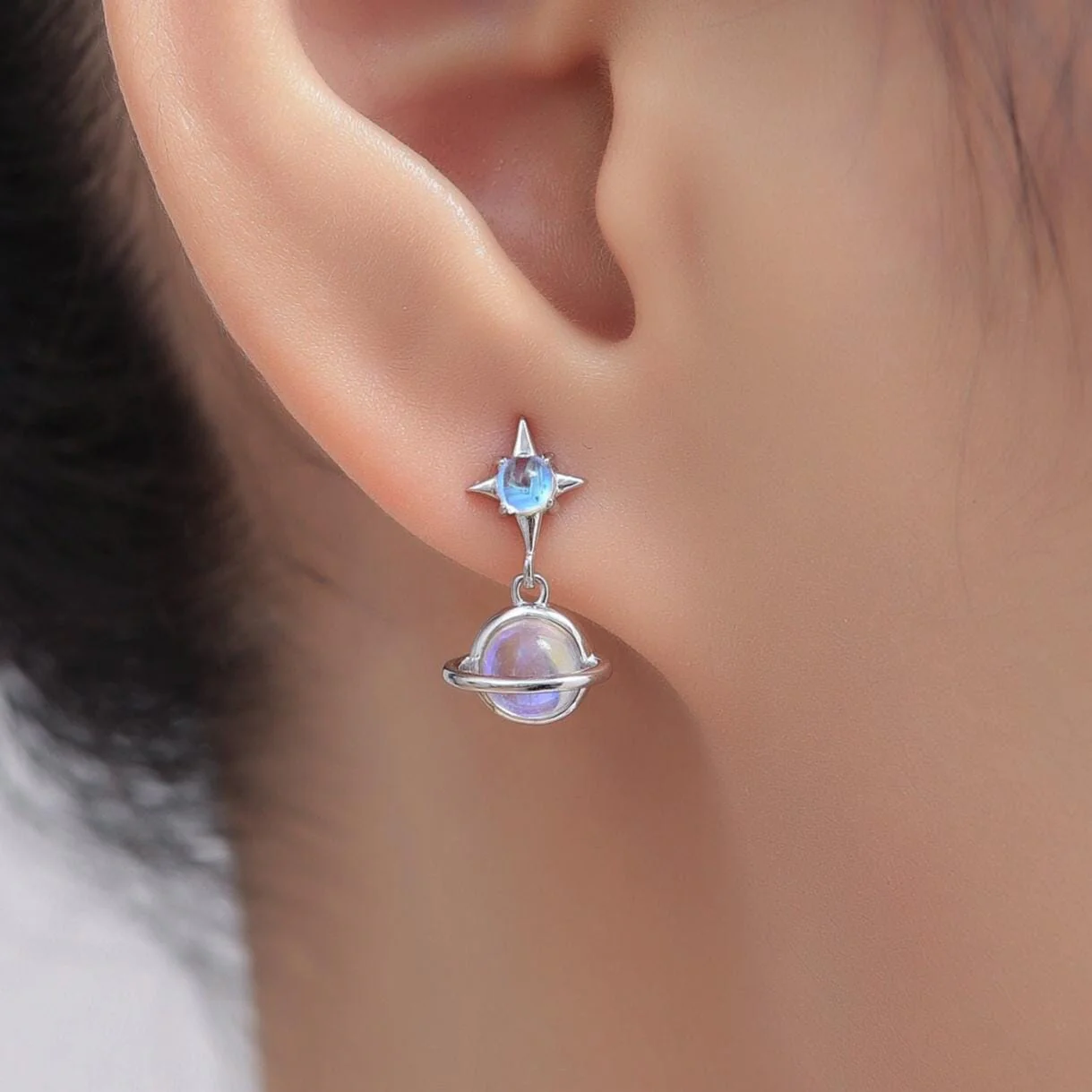 Moonstone Planet with Starburst Stud Earrings in Sterling Silver, Lab Moonstone Saturn Earrings, Silver or Gold, Planet Earrings