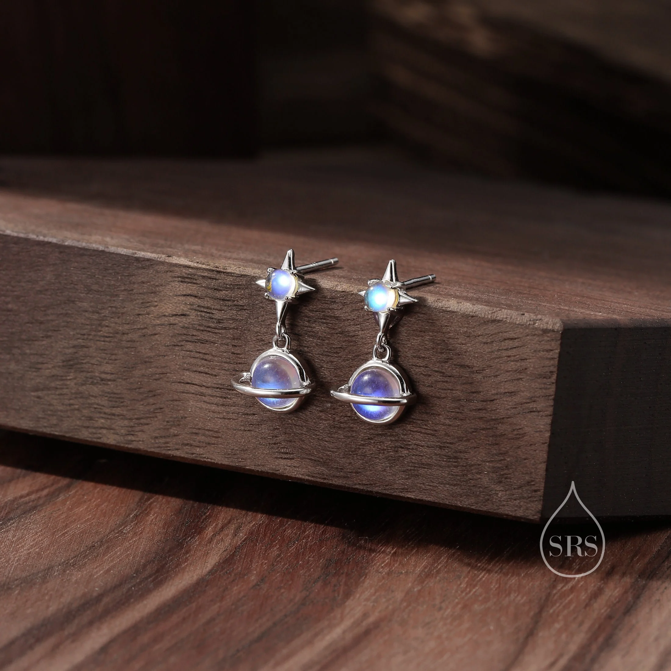 Moonstone Planet with Starburst Stud Earrings in Sterling Silver, Lab Moonstone Saturn Earrings, Silver or Gold, Planet Earrings - Image 6