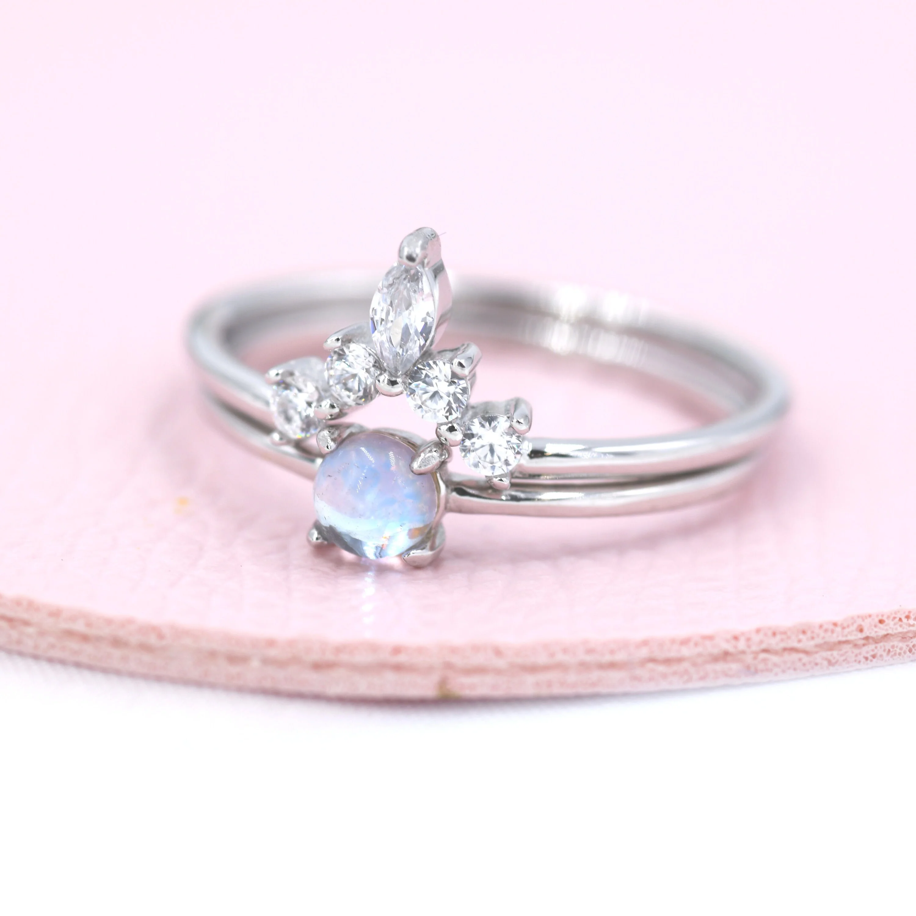 Moonstone Ring and Tiara Ring in Sterling Silver, Mermaid Crystal Ring, Minimalist Aurora Ring, US 5 - 8 - Image 10