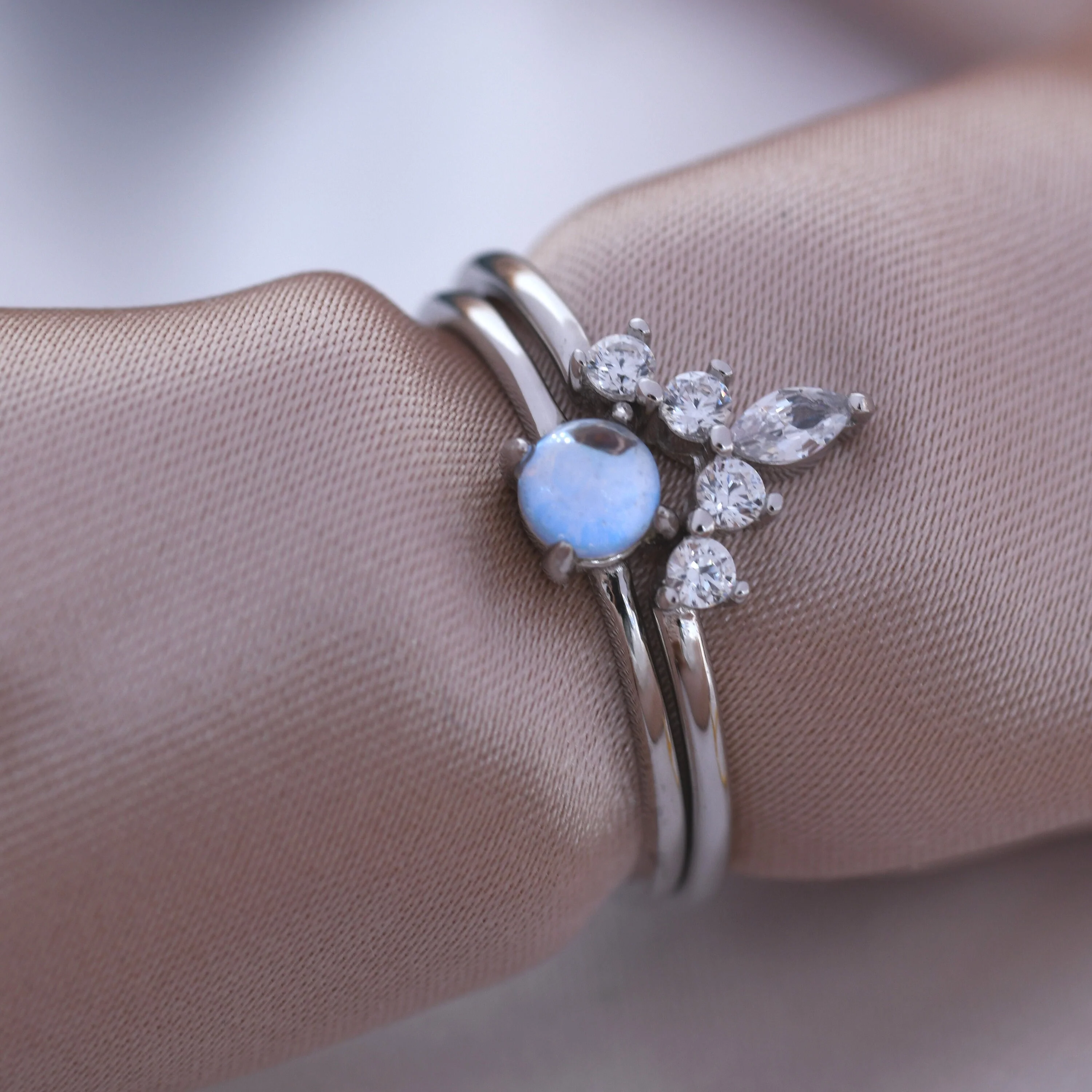 Moonstone Ring and Tiara Ring in Sterling Silver, Mermaid Crystal Ring, Minimalist Aurora Ring, US 5 - 8 - Image 7