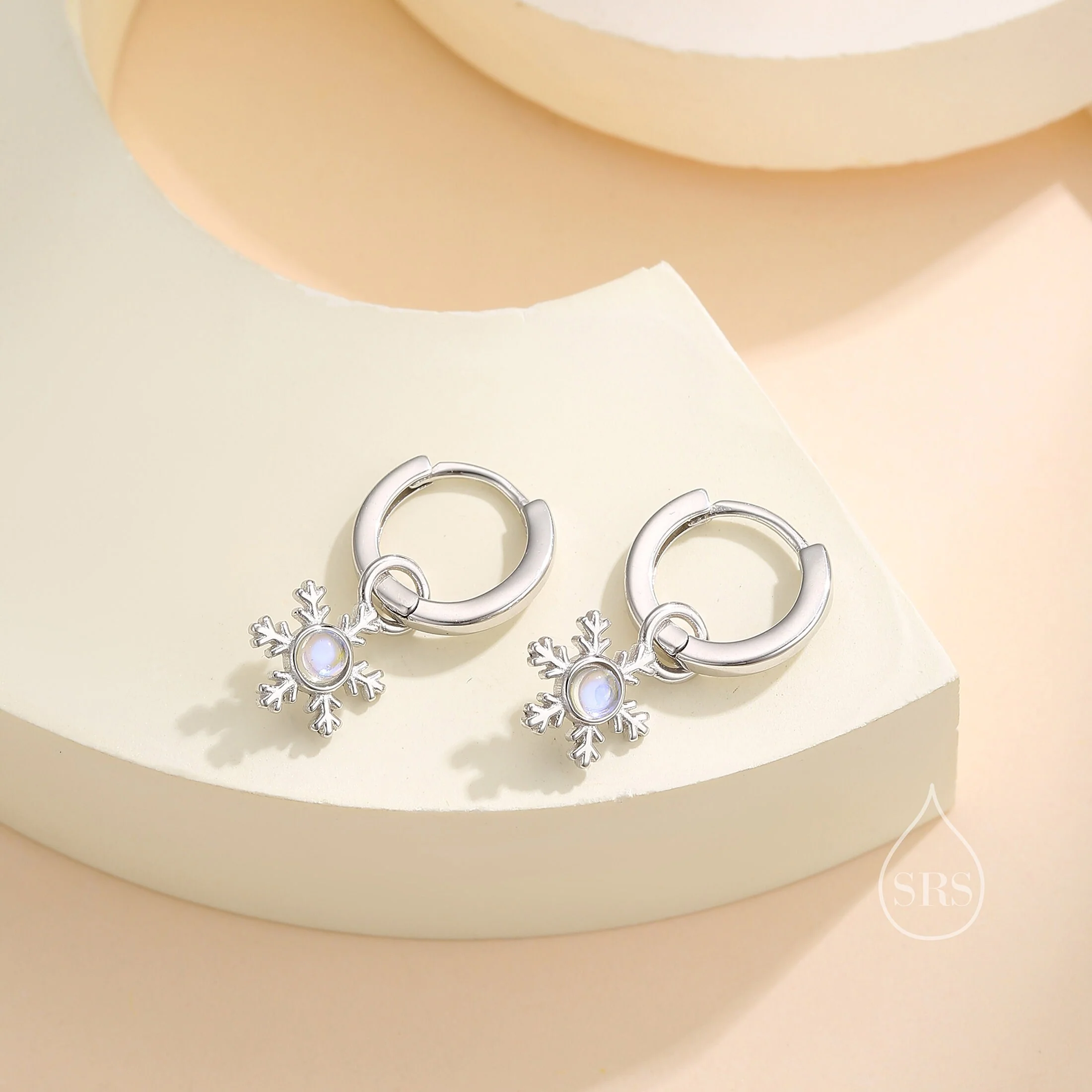 Moonstone Snowflake Huggie Hoop Earrings in Sterling Silver, Delicate Snowflake Earrings, Moonstone Earrings, Snow Earrings, Detachable - Image 4