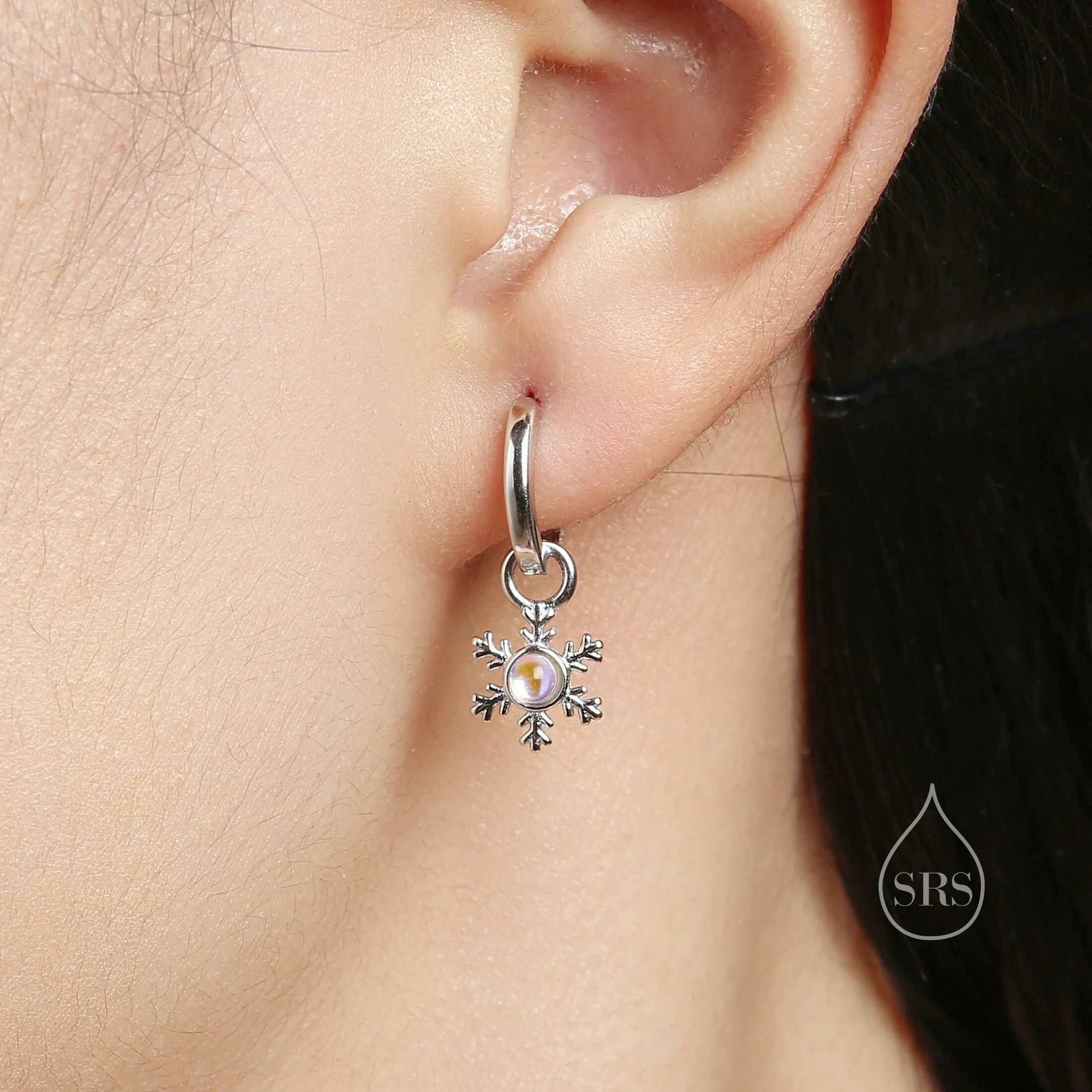 Moonstone Snowflake Huggie Hoop Earrings in Sterling Silver, Delicate Snowflake Earrings, Moonstone Earrings, Snow Earrings, Detachable - Image 5