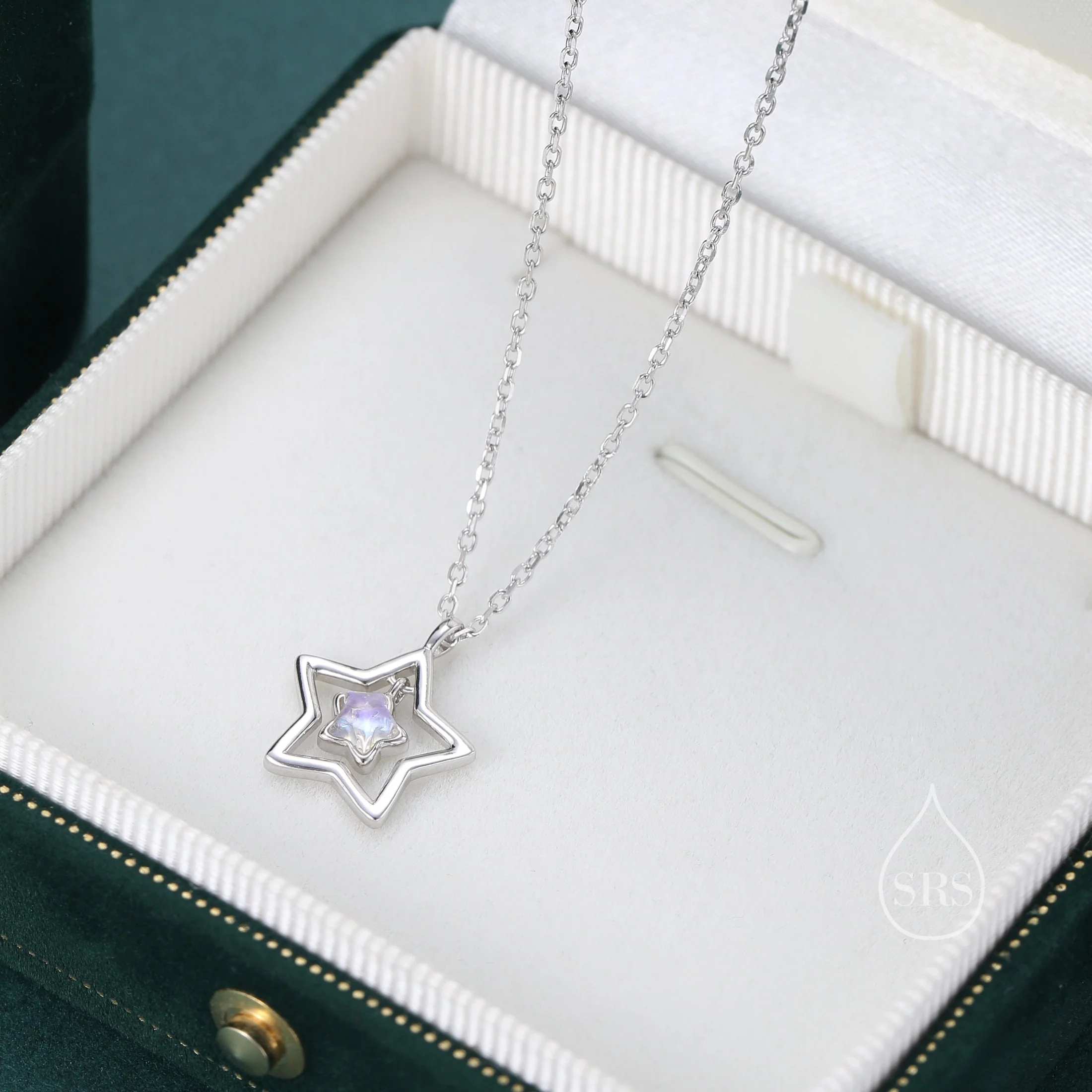 Moonstone Star Pendant Necklace in Sterling Silver, Silver or Gold, Open Star Halo Necklace with Simulated Moonstone, Lab Moonstone Star - Image 3
