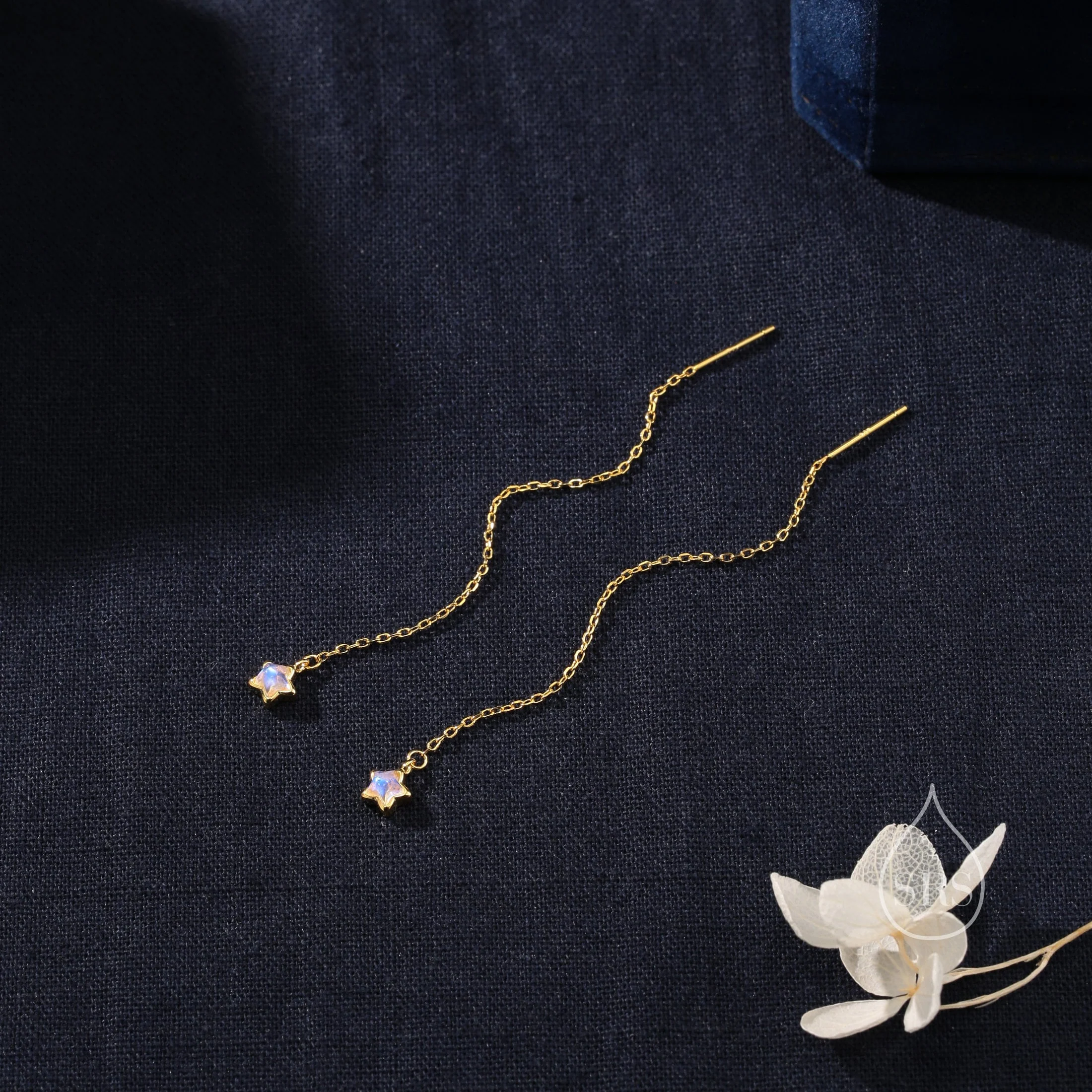 Moonstone Star Threader Earrings in Sterling Silver, Silver or Gold, Lab Moonstone Star Ear Threaders - Image 6