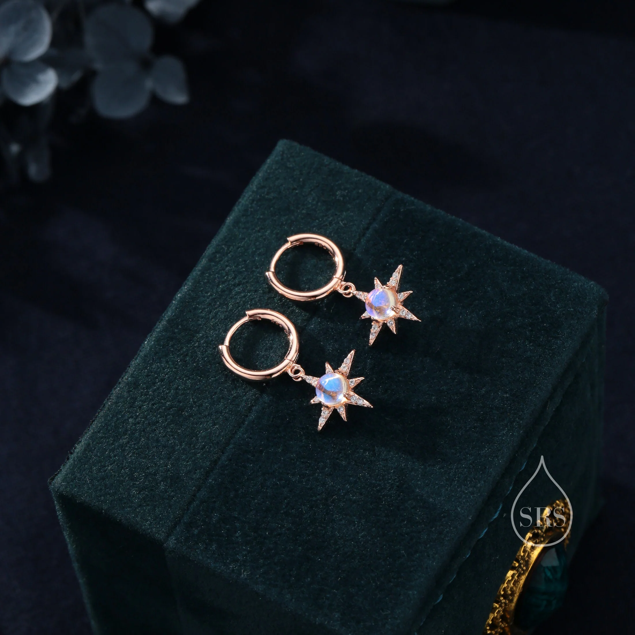 Moonstone Starburst Huggie Hoop Earrings in Sterling Silver, Lab Moonstone North Star Drop Earrings, Delicate Moonstone Star Earrings - Image 4