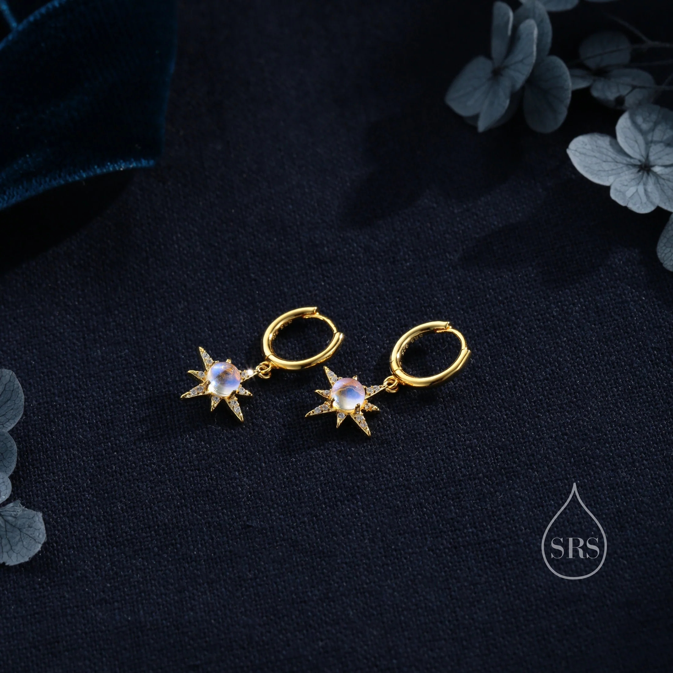 Moonstone Starburst Huggie Hoop Earrings in Sterling Silver, Lab Moonstone North Star Drop Earrings, Delicate Moonstone Star Earrings - Image 5