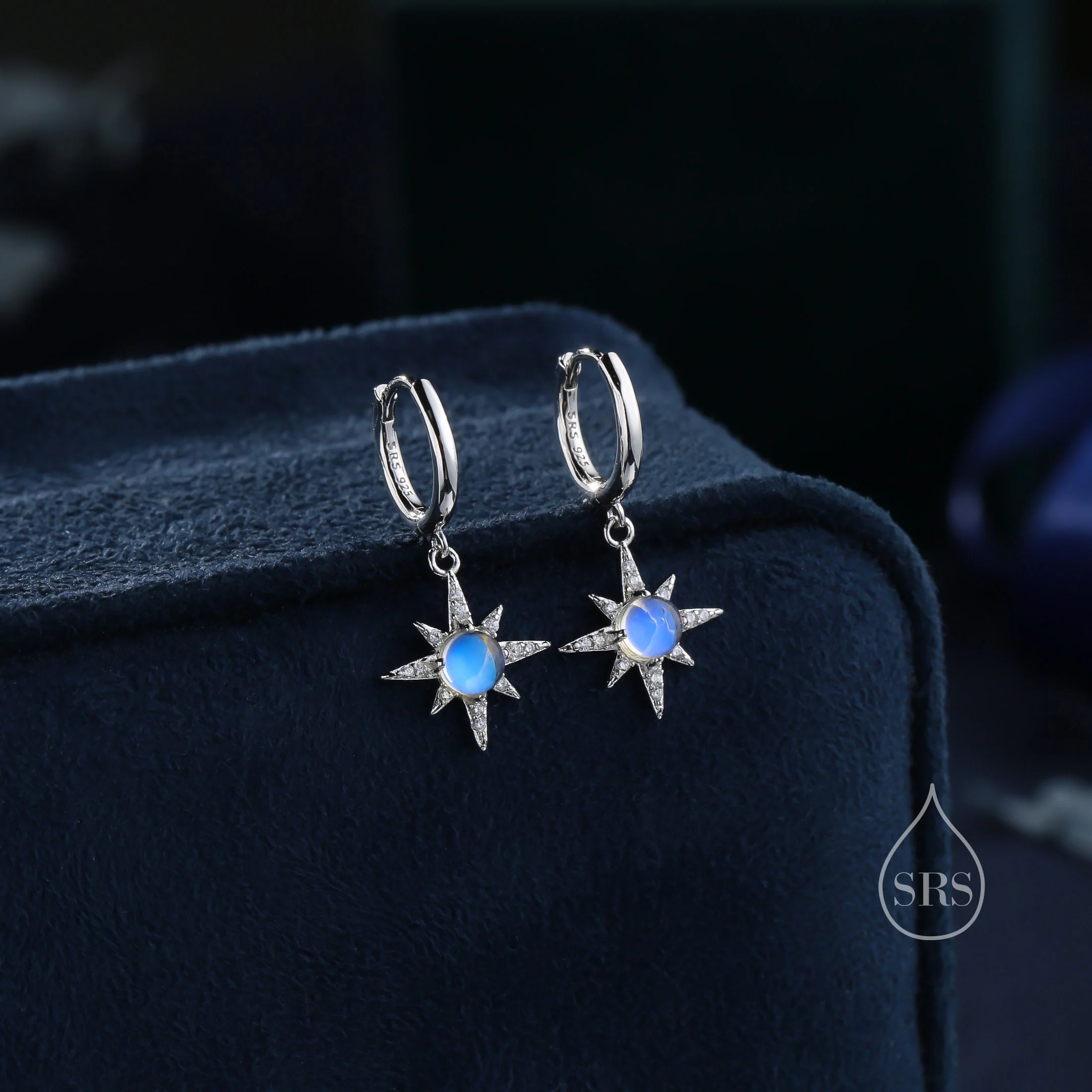 Moonstone Starburst Huggie Hoop Earrings in Sterling Silver, Lab Moonstone North Star Drop Earrings, Delicate Moonstone Star Earrings - Image 7