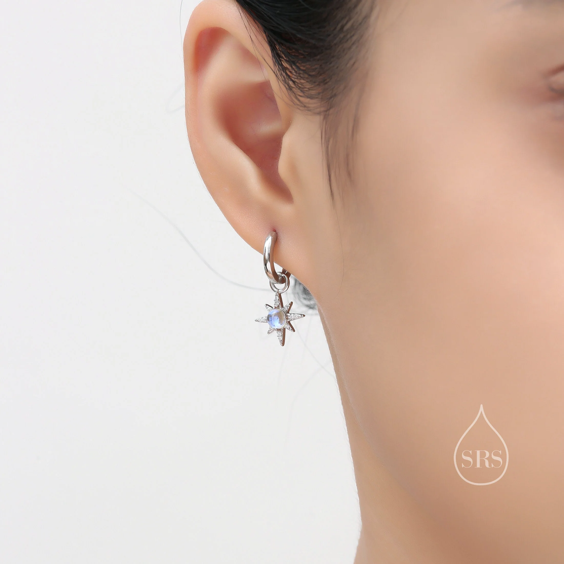 Moonstone Starburst Huggie Hoop Earrings in Sterling Silver, Moonstone North Star Drop Earrings, Delicate Moonstone Star Earrings - Image 3
