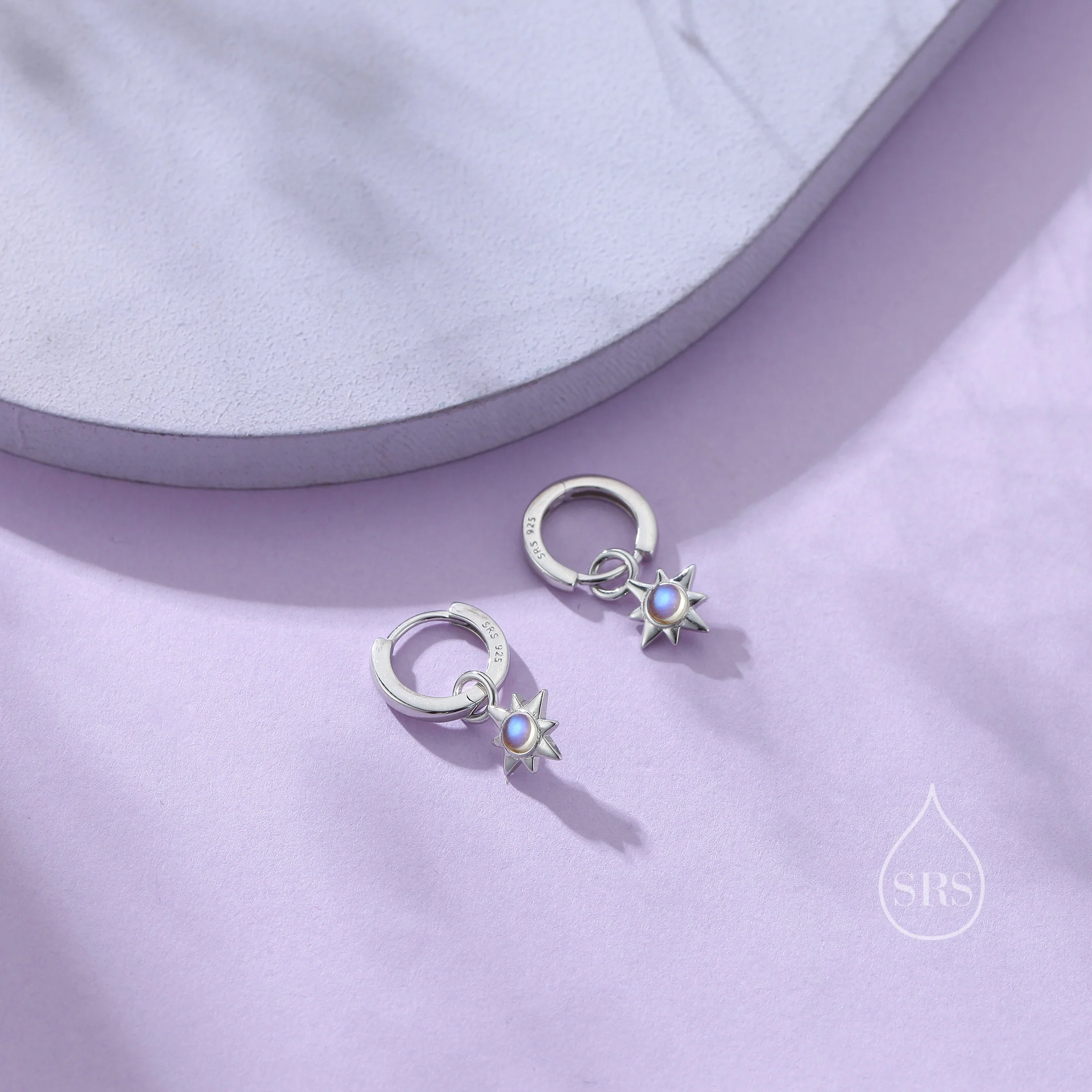 Moonstone Starburst Huggie Hoop Earrings in Sterling Silver, Simulated Moonstone North Star Detachable Drop Earrings, Delicate Star Earrings - Image 3