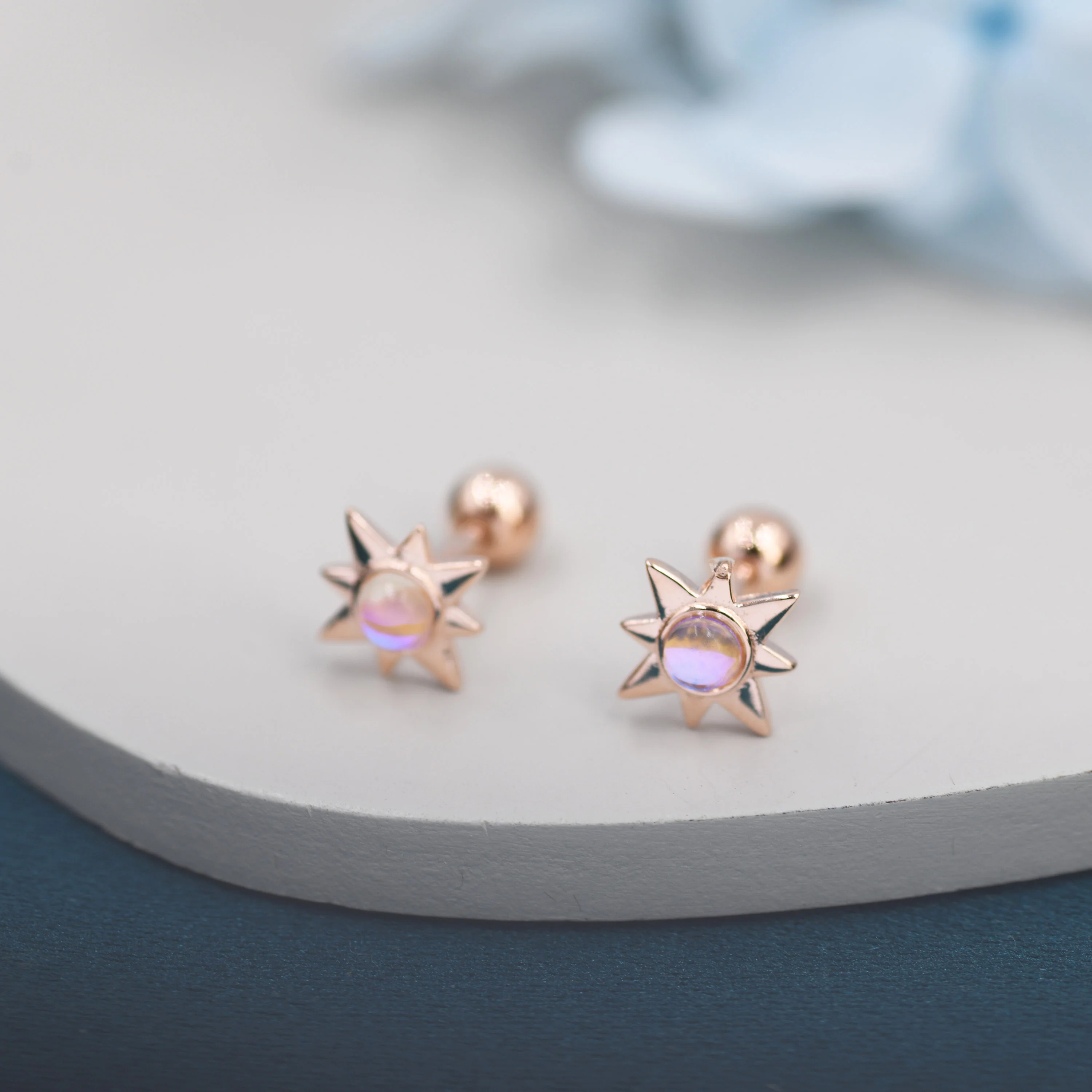 Moonstone Starburst Screw Back Earrings in Sterling Silver, Star Barbell Earrings with Moonstone, Silver, Gold and Rose Gold, Screwback - Image 5