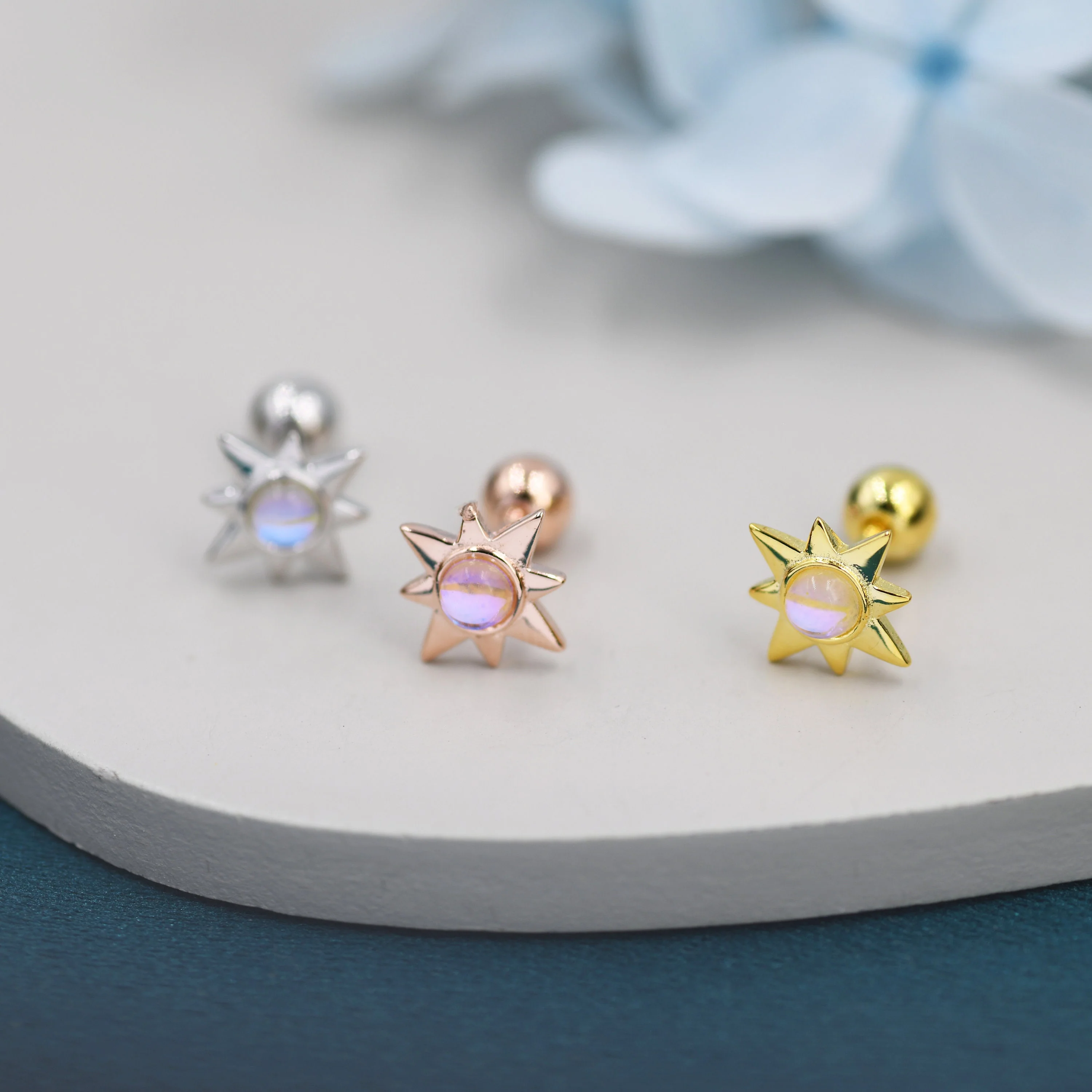 Moonstone Starburst Screw Back Earrings in Sterling Silver, Star Barbell Earrings with Moonstone, Silver, Gold and Rose Gold, Screwback - Image 6