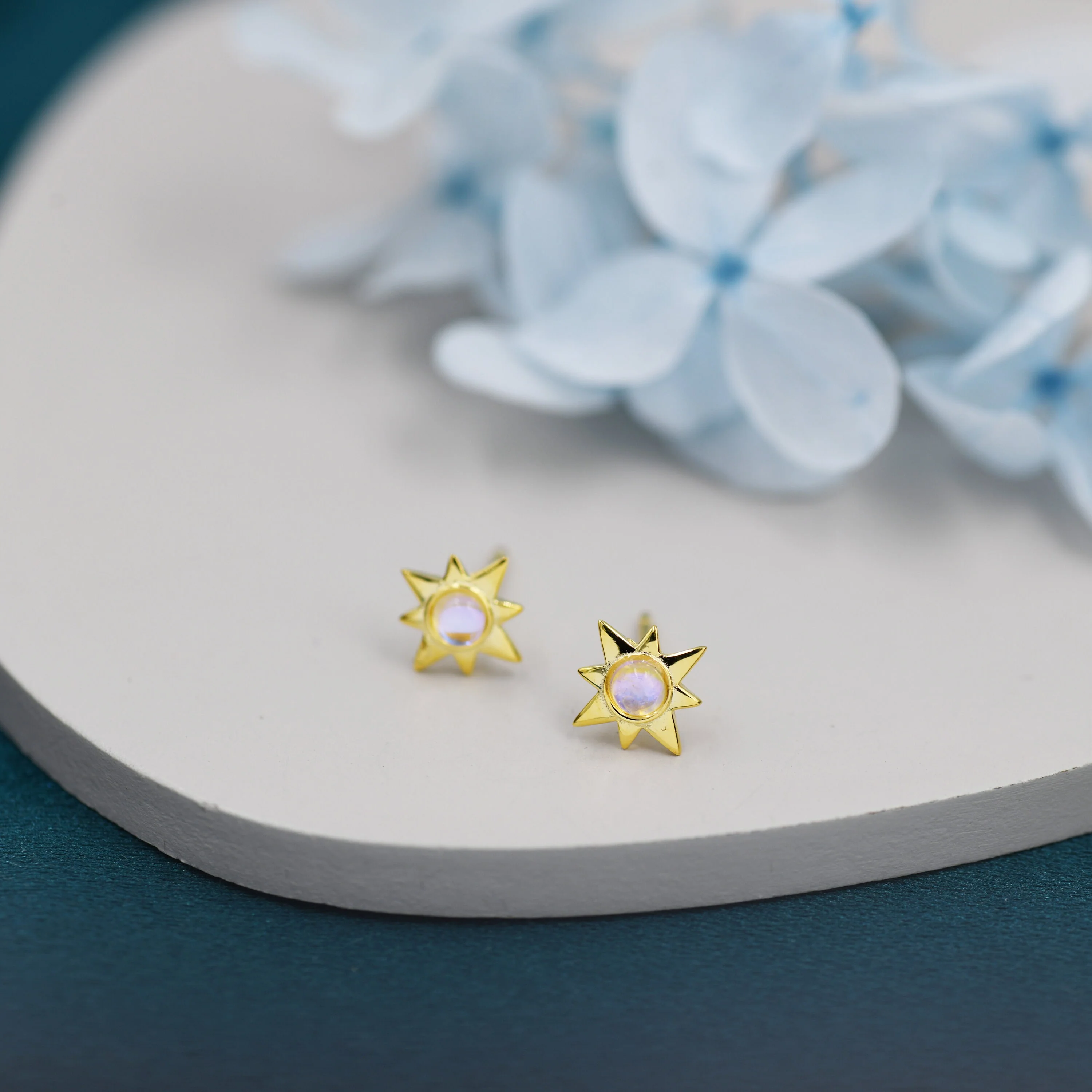 Moonstone Starburst Stud Earrings in Sterling Silver, North Star Earrings with Moonstone, Silver, Gold and Rose Gold, Sunburst Earrings - Image 2