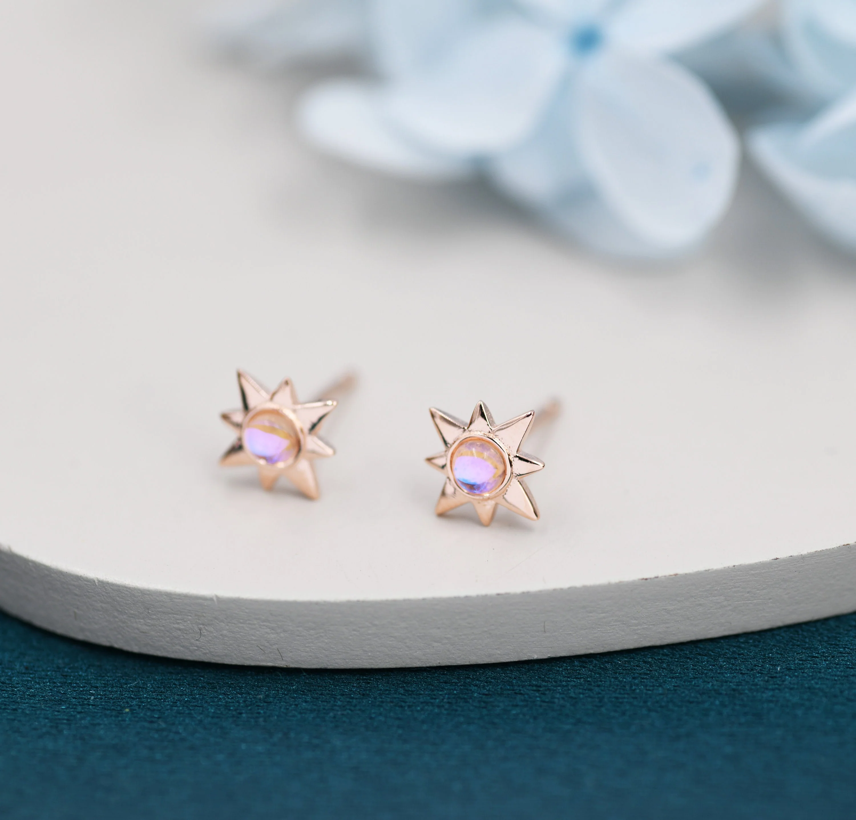 Moonstone Starburst Stud Earrings in Sterling Silver, North Star Earrings with Moonstone, Silver, Gold and Rose Gold, Sunburst Earrings - Image 4
