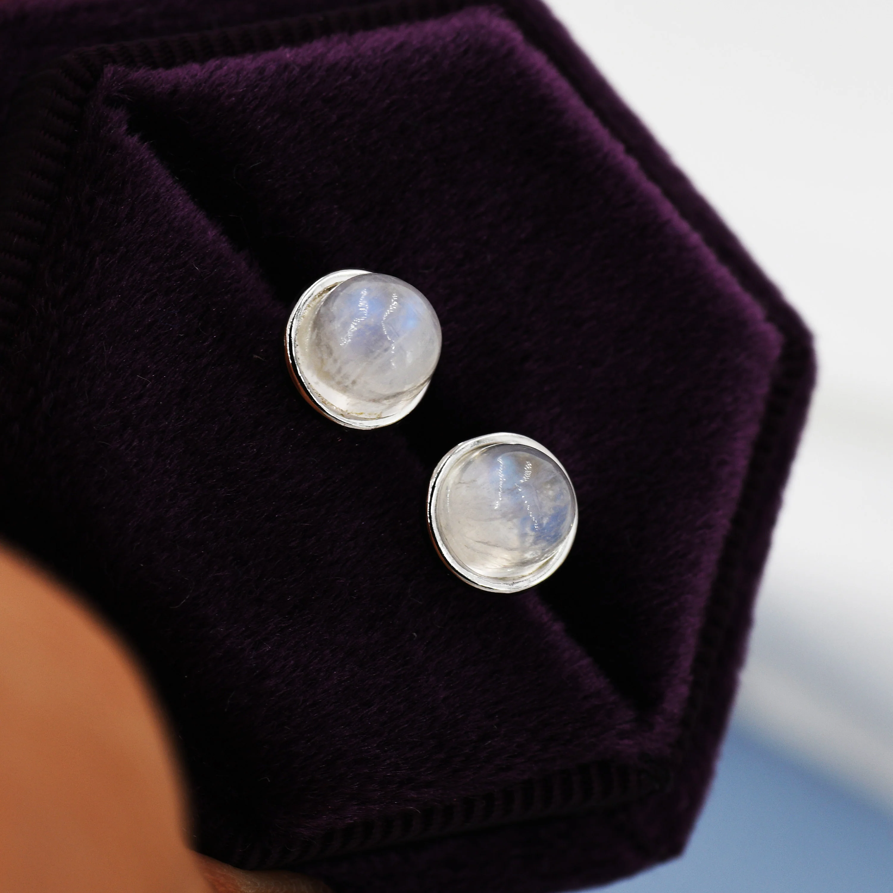 Moonstone Stud Earrings in Sterling Silver, Semi-Precious Gemstone Earrings, Natural Moonstone Earrings - Image 6