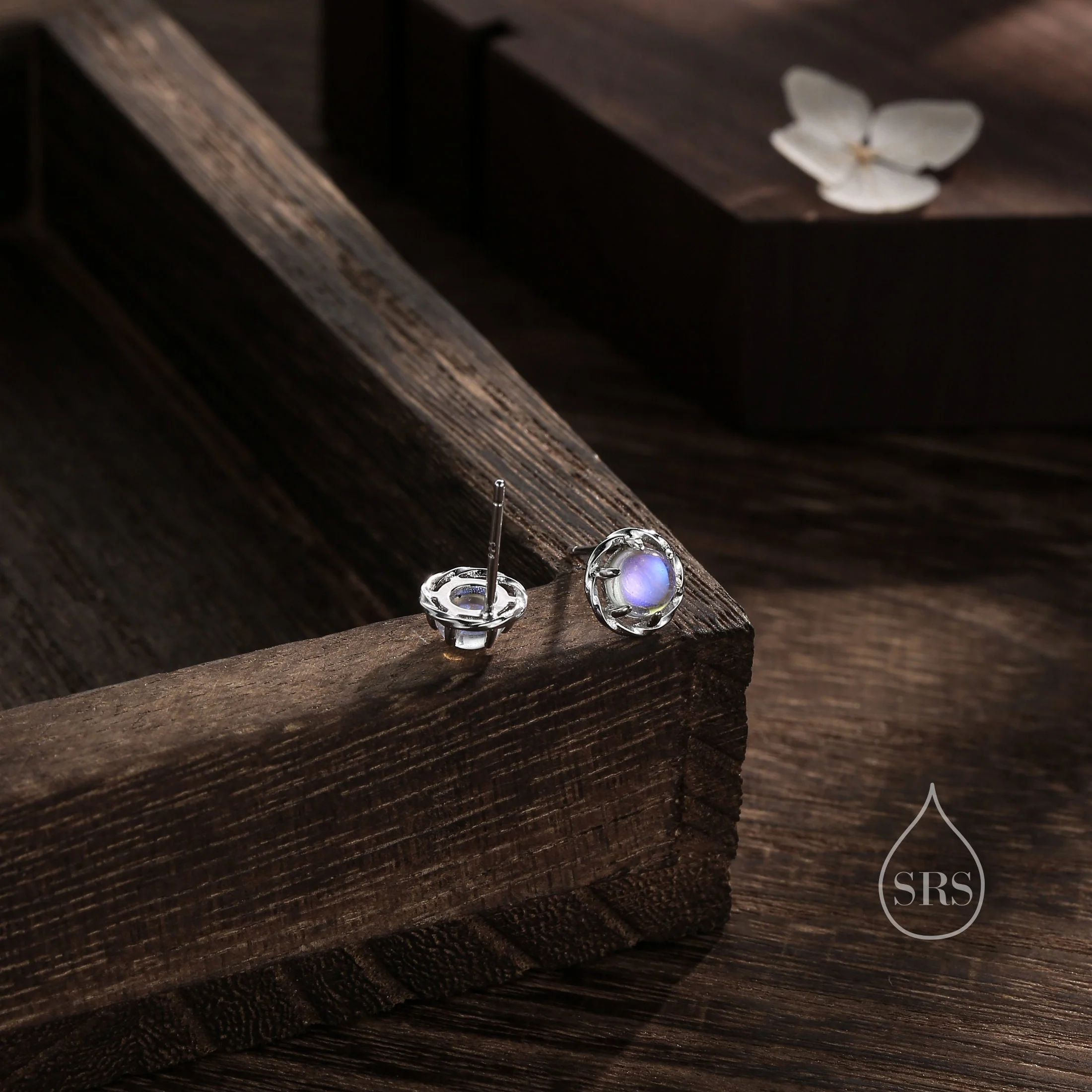 Moonstone Thorn Claw Stud Earrings, MoonstoneTwist Earrings, Silver or Gold, Lab Moonstone Halo Earrings, Simulated Moonstone Circle Stud - Image 2