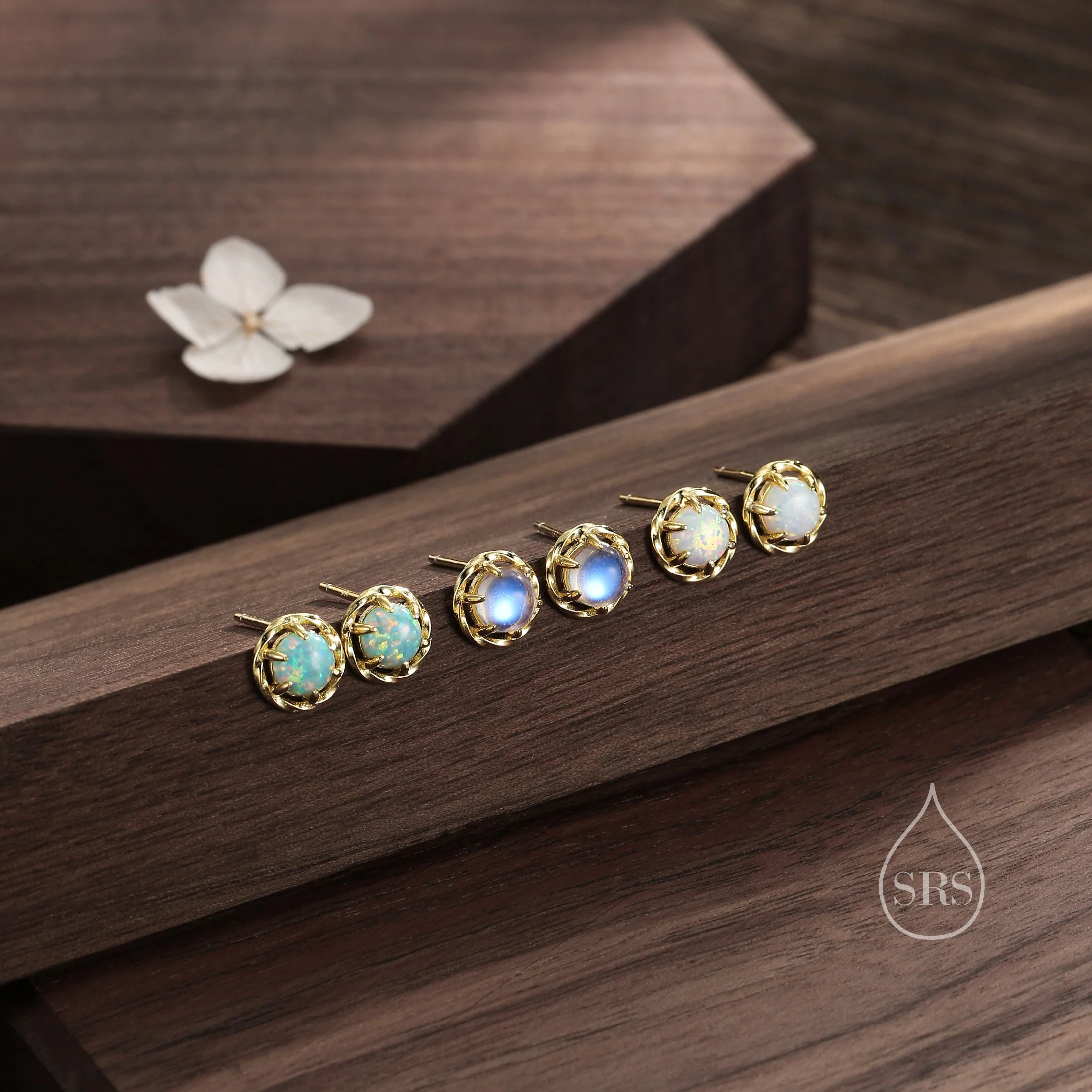 Moonstone Thorn Claw Stud Earrings, MoonstoneTwist Earrings, Silver or Gold, Lab Moonstone Halo Earrings, Simulated Moonstone Circle Stud - Image 6