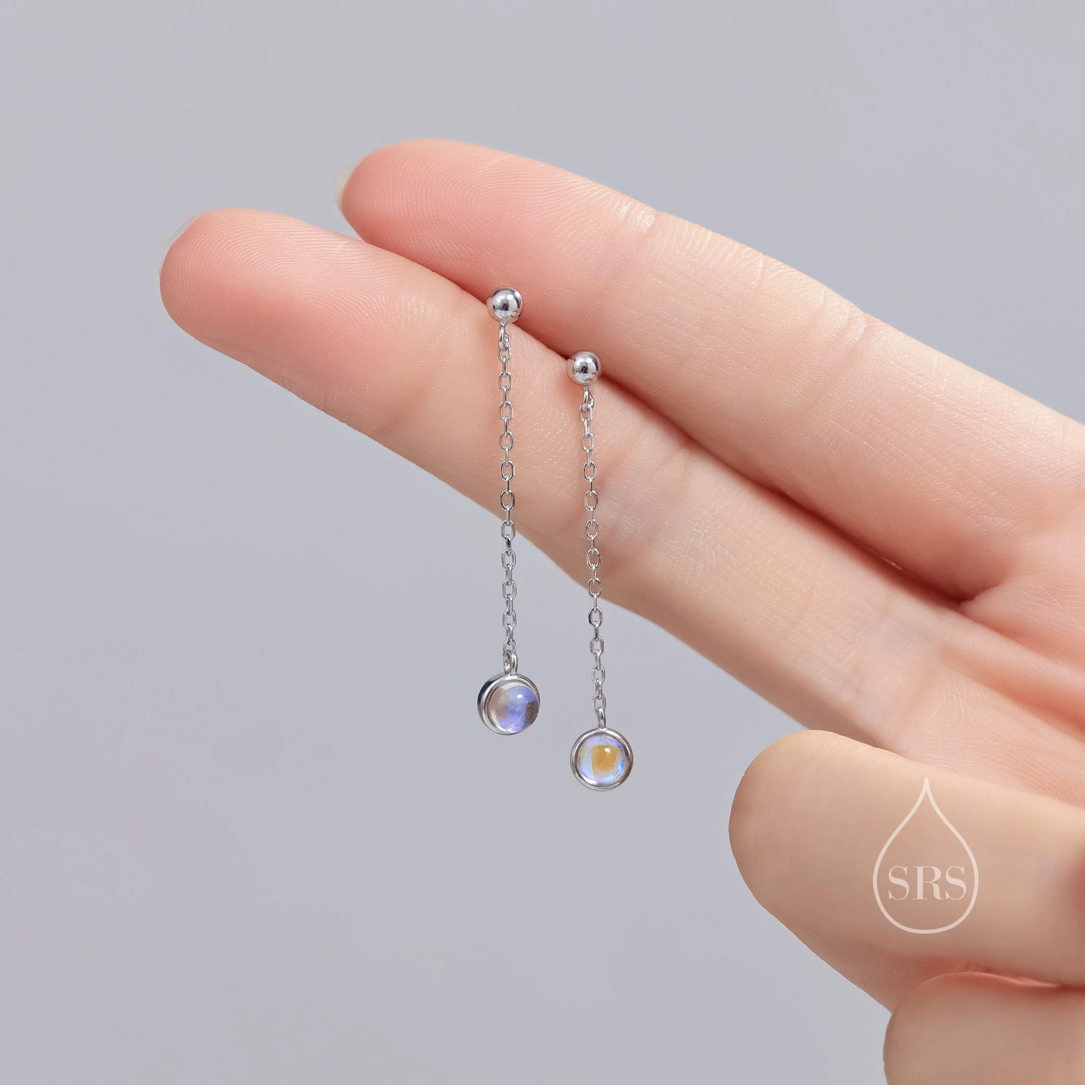 Moonstone with Chain Dangle Stud Earrings in Sterling Silver, Silver or Gold, Lab Moonstone Earrings, Minimal Dangling Moonstone Earrings - Image 2