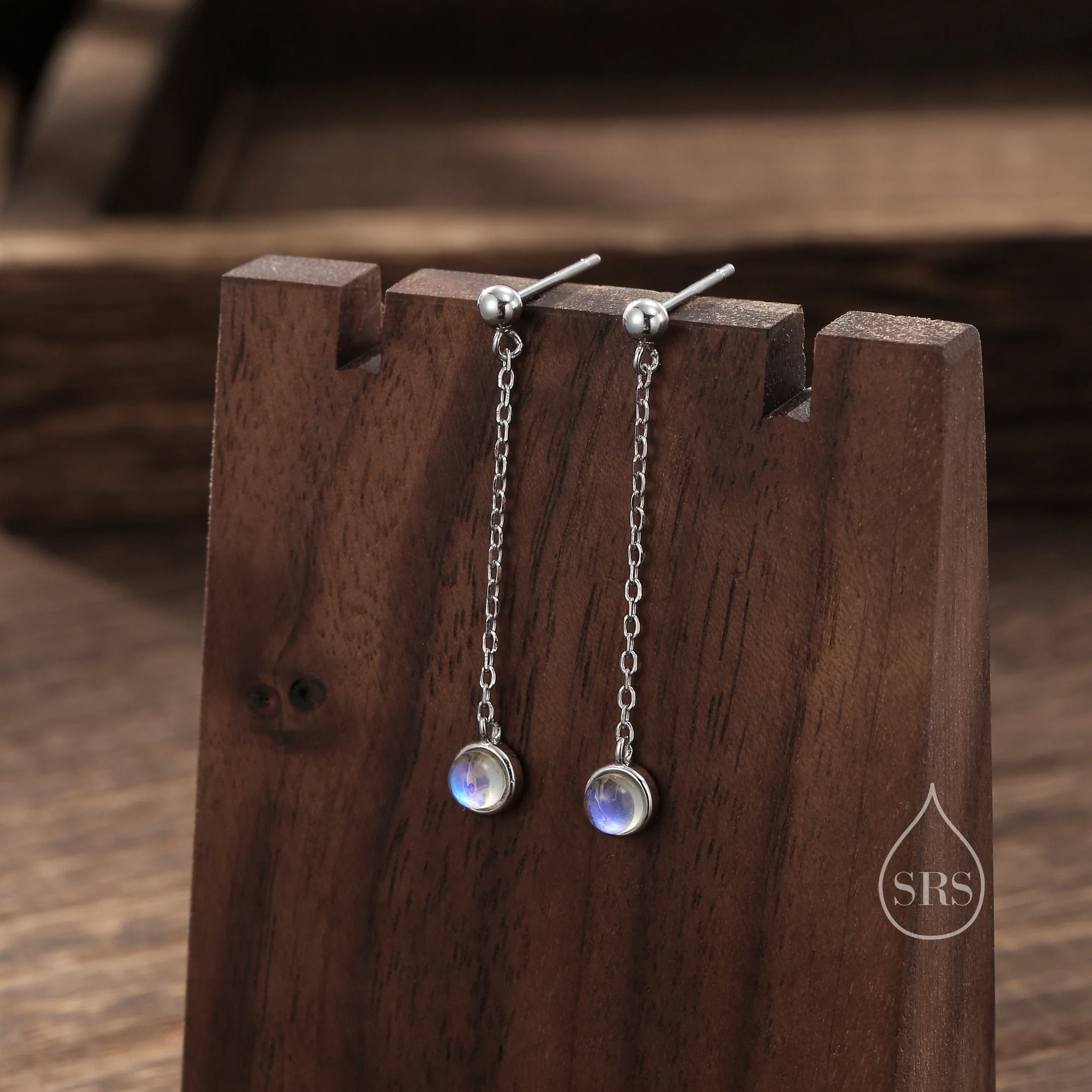 Moonstone with Chain Dangle Stud Earrings in Sterling Silver, Silver or Gold, Lab Moonstone Earrings, Minimal Dangling Moonstone Earrings - Image 3