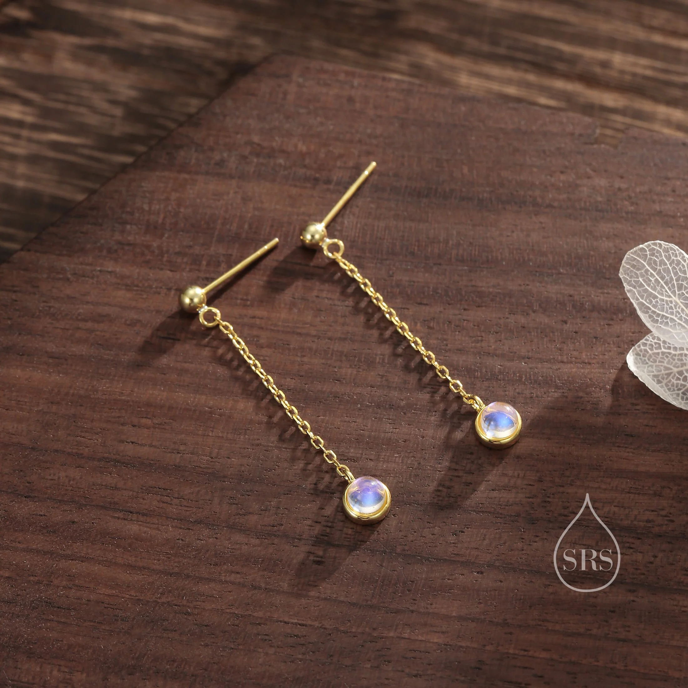Moonstone with Chain Dangle Stud Earrings in Sterling Silver, Silver or Gold, Lab Moonstone Earrings, Minimal Dangling Moonstone Earrings - Image 4
