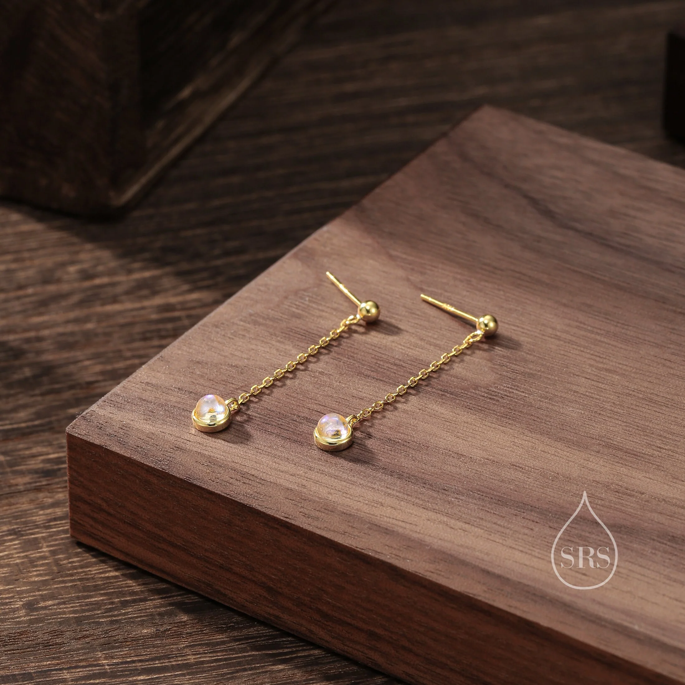 Moonstone with Chain Dangle Stud Earrings in Sterling Silver, Silver or Gold, Lab Moonstone Earrings, Minimal Dangling Moonstone Earrings - Image 5