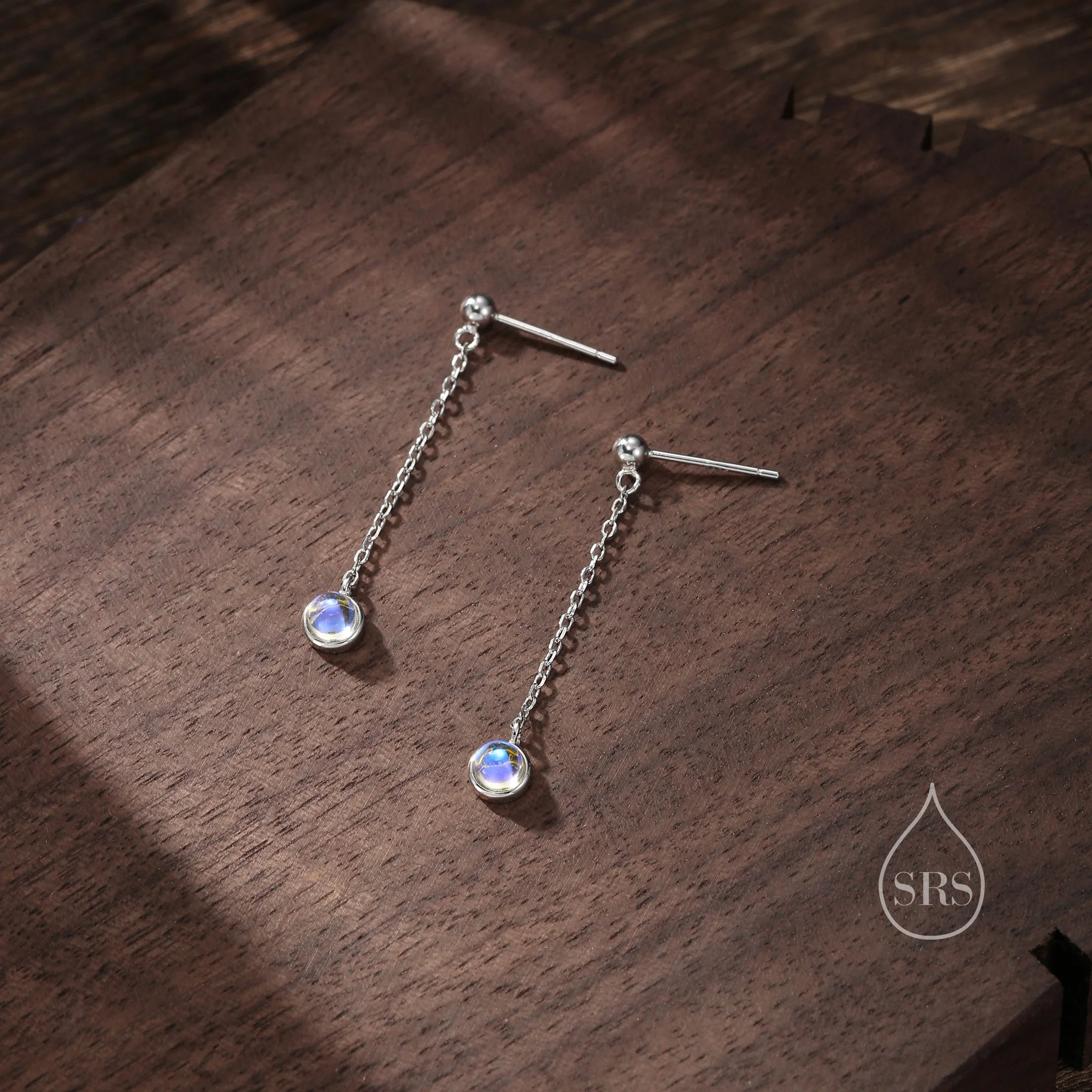 Moonstone with Chain Dangle Stud Earrings in Sterling Silver, Silver or Gold, Lab Moonstone Earrings, Minimal Dangling Moonstone Earrings - Image 6