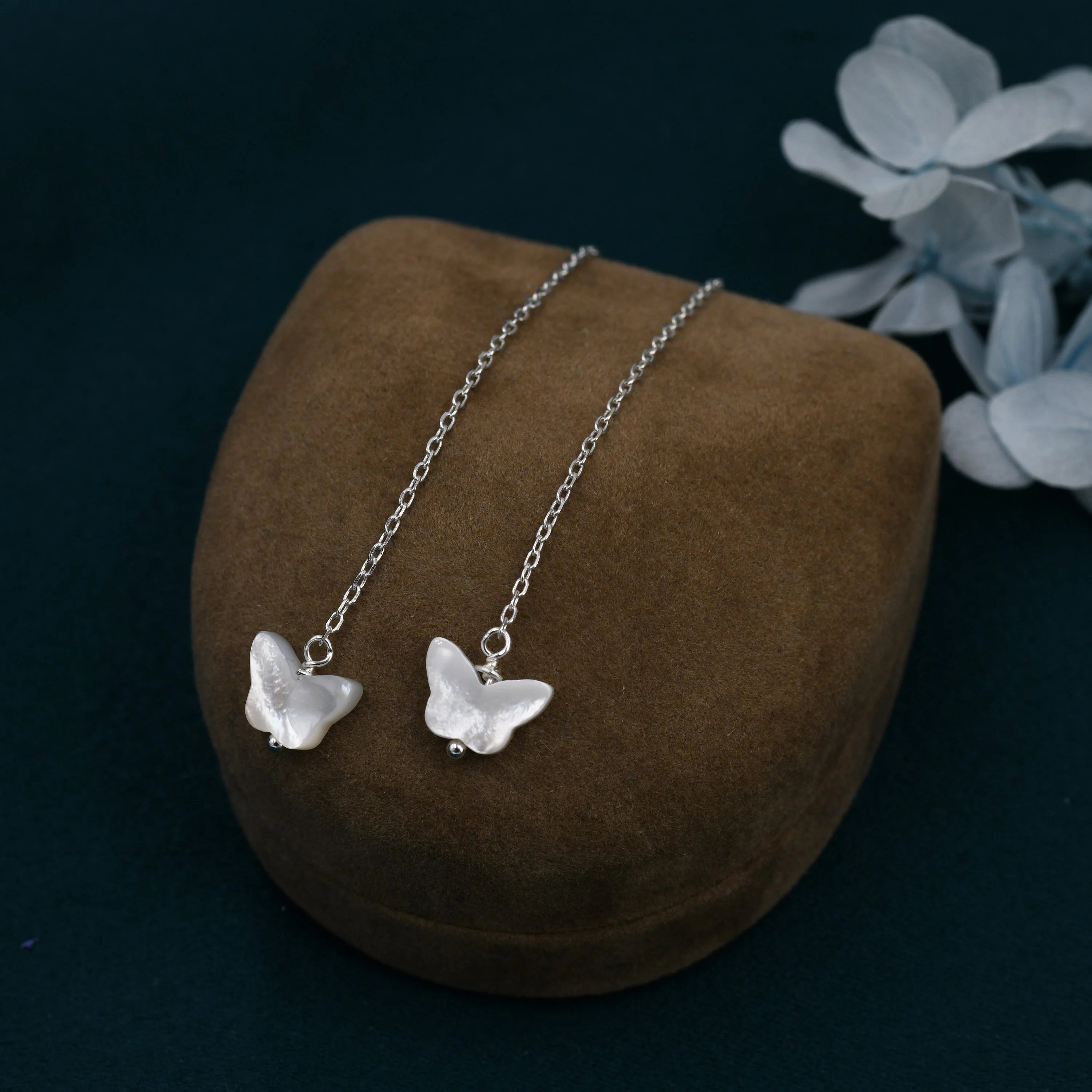 Mother of Pearl Butterfly Ear Threaders, Natural Shell Butterfly Threader Earrings, Dainty Dangle Earrings - Image 4