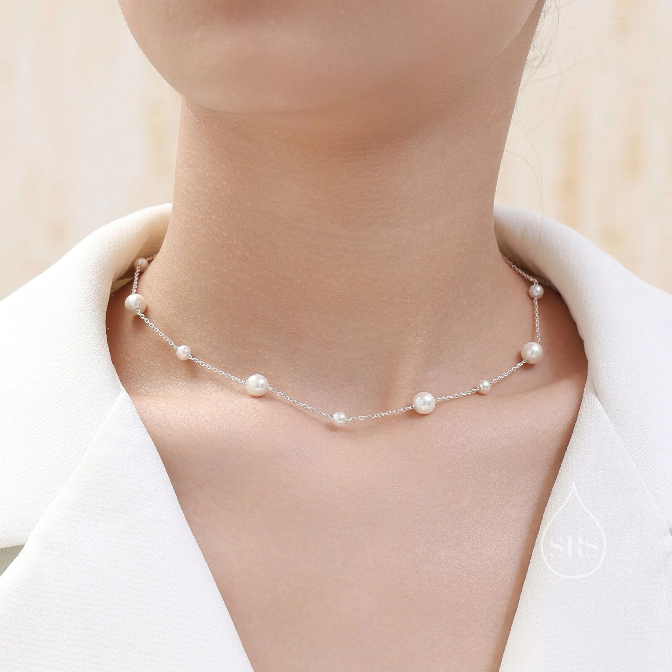 Mother of Pearl Choker Necklace in Sterling Silver, Silver or Gold , Adjustable Length, Short Pearl Necklace, Satellite Beaded Necklace