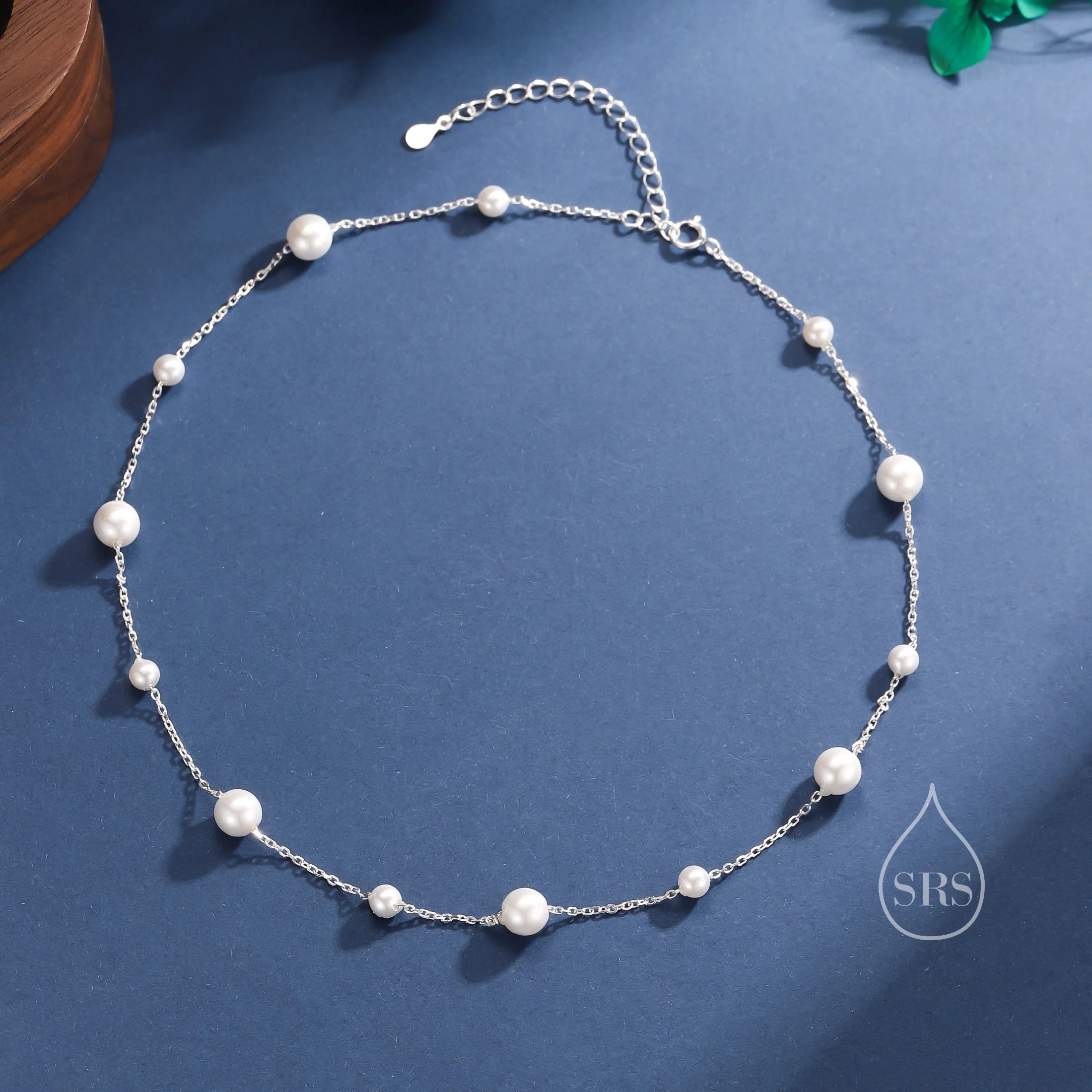 Mother of Pearl Choker Necklace in Sterling Silver, Silver or Gold , Adjustable Length, Short Pearl Necklace, Satellite Beaded Necklace - Image 5