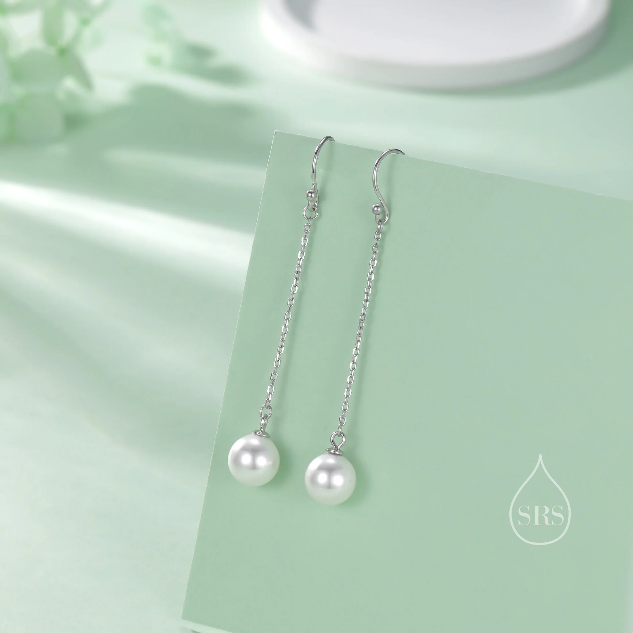 Mother of Pearl Drop Hook Earrings in Sterling Silver, Silver or Gold, Simulated Pearl Long Dangle Earrings - Image 4