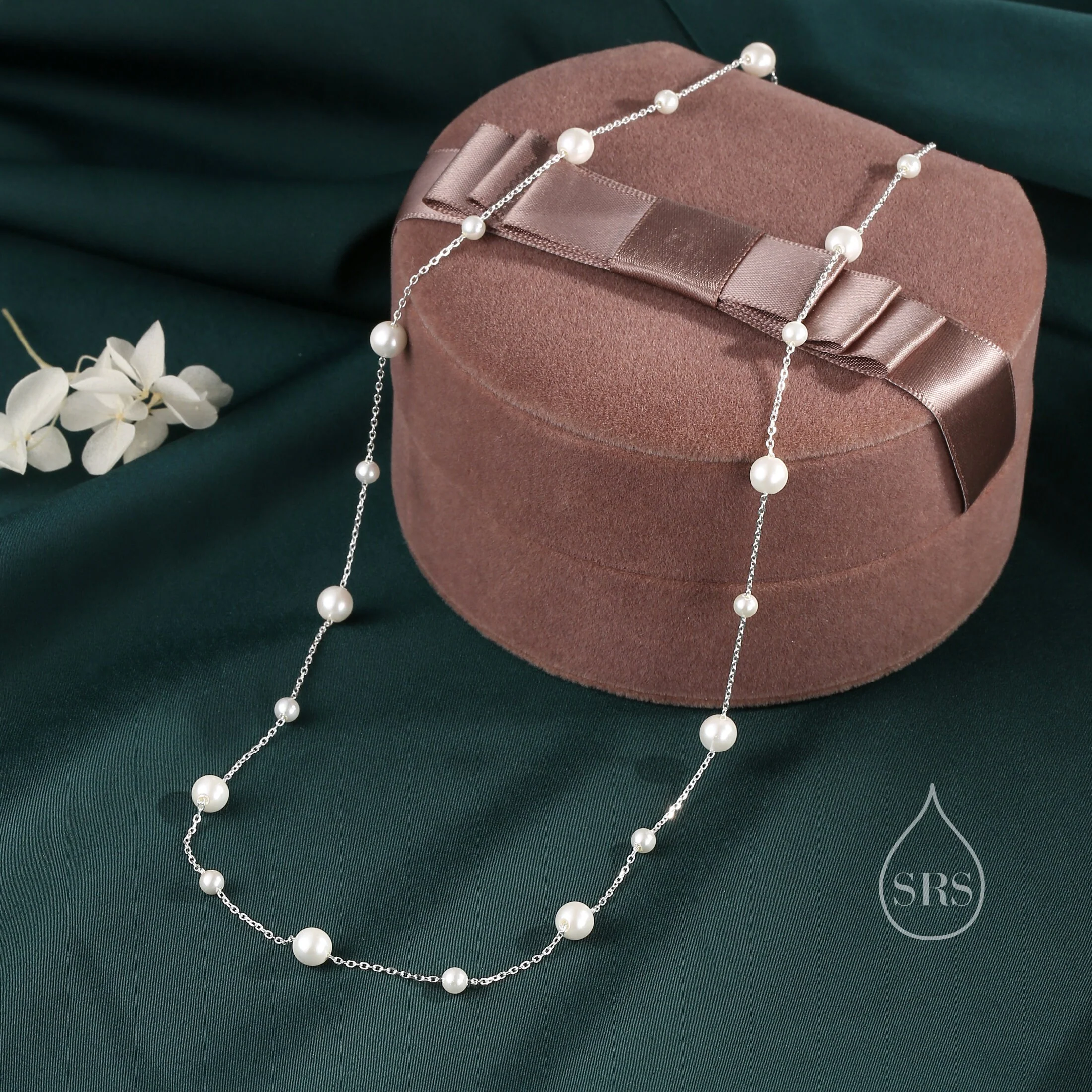 Mother of Pearl Two Way Necklace in Sterling Silver, Silver or Gold , Adjustable Length, Lariat Necklace, Satellite Beaded - Image 4
