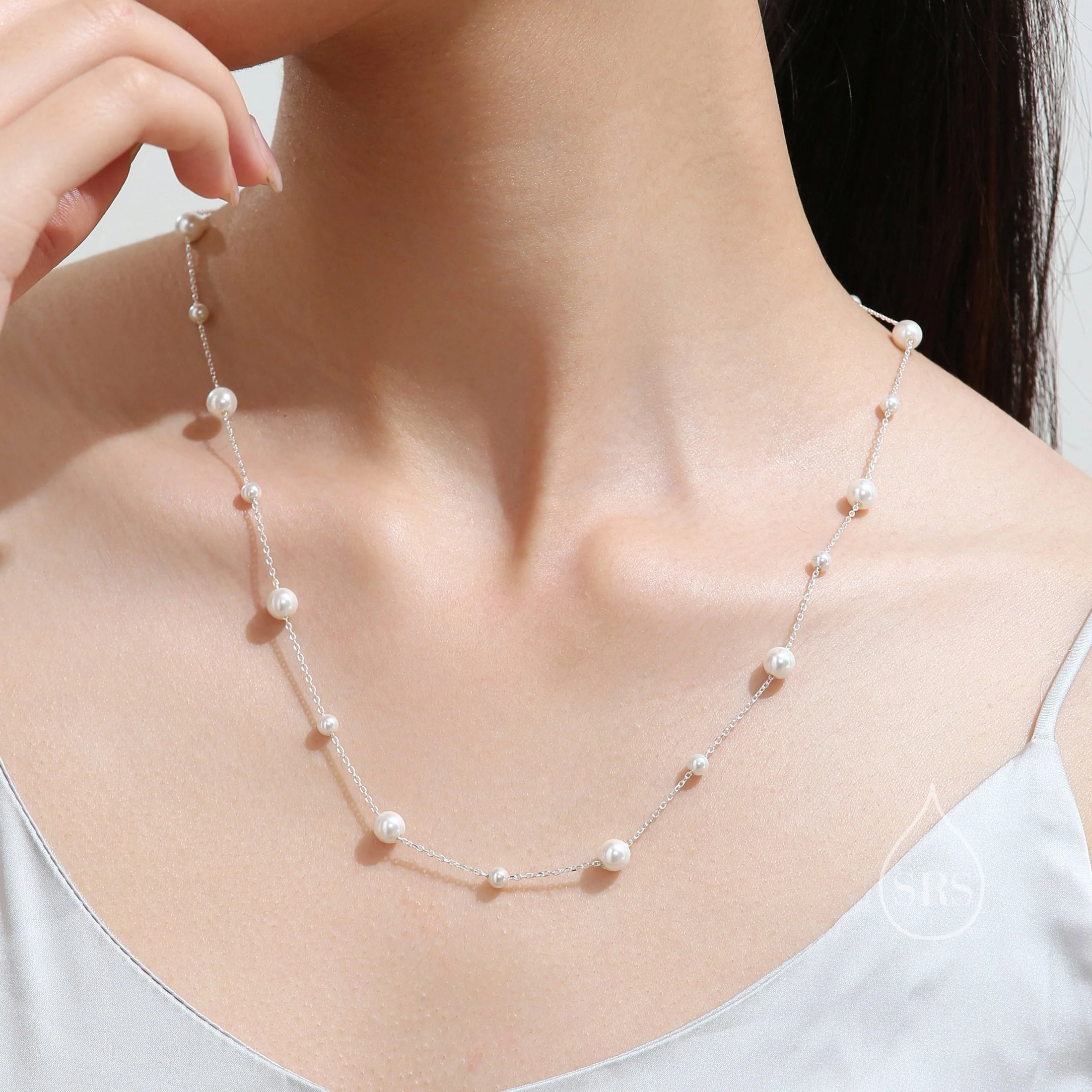 Mother of Pearl Two Way Necklace in Sterling Silver, Silver or Gold , Adjustable Length, Lariat Necklace, Satellite Beaded - Image 2