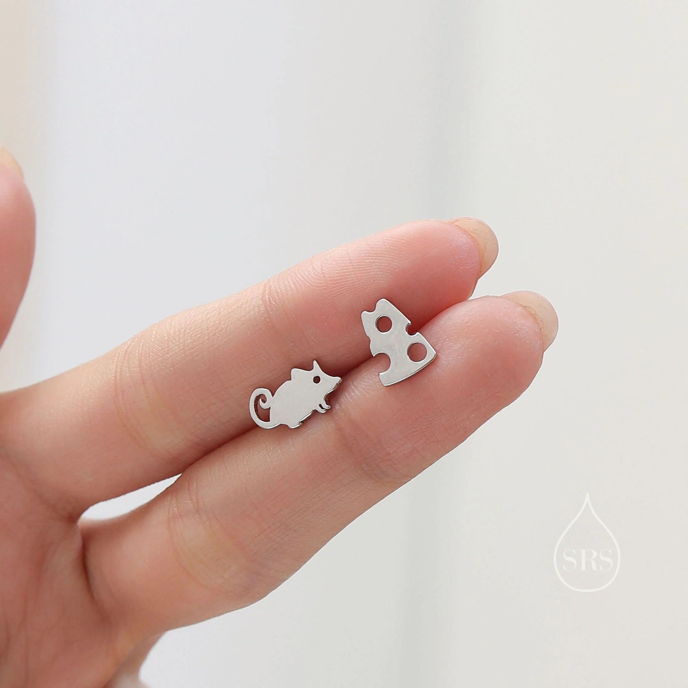 Mouse and Cheese Stud Earrings in Sterling Silver, Cute Fun Quirky Animal Jewellery, Animal Lover, Nature Inspired - Image 3