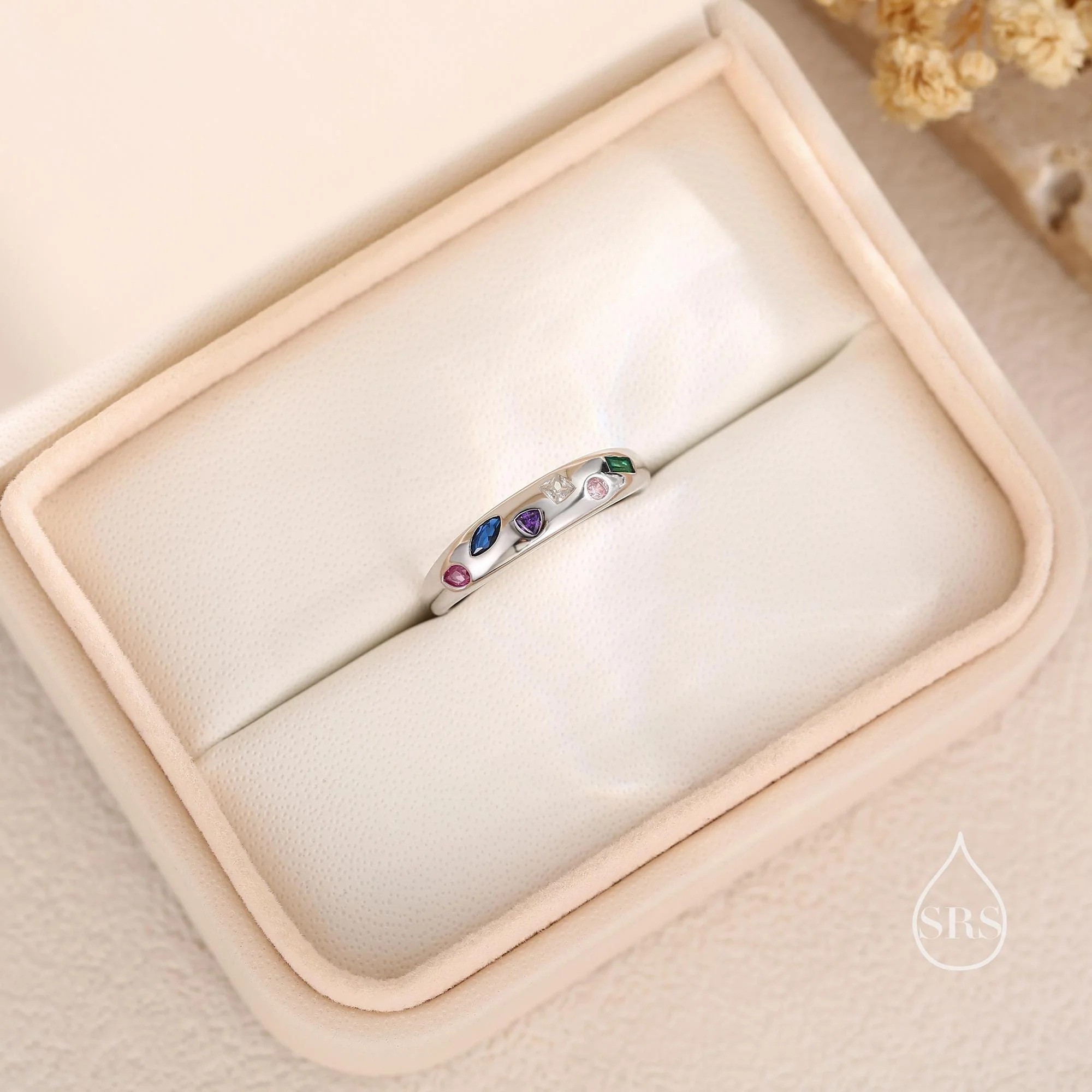 Multicolour Confetti CZ Dome Ring in Sterling Silver, Irregular Crystal Ring, Rainbow Ring, Delicate Stacking Ring, - Image 2