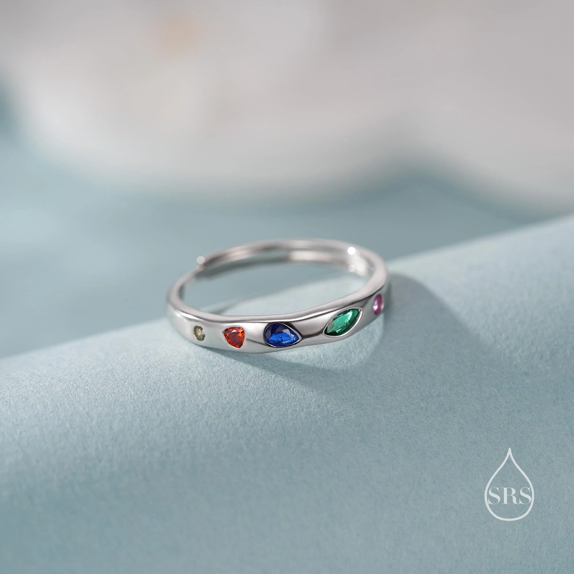 Multicolour Confetti CZ Ring in Sterling Silver, Adjustable Size, Irregular Crystal Ring, Rainbow Ring, Delicate Stacking Ring, - Image 5