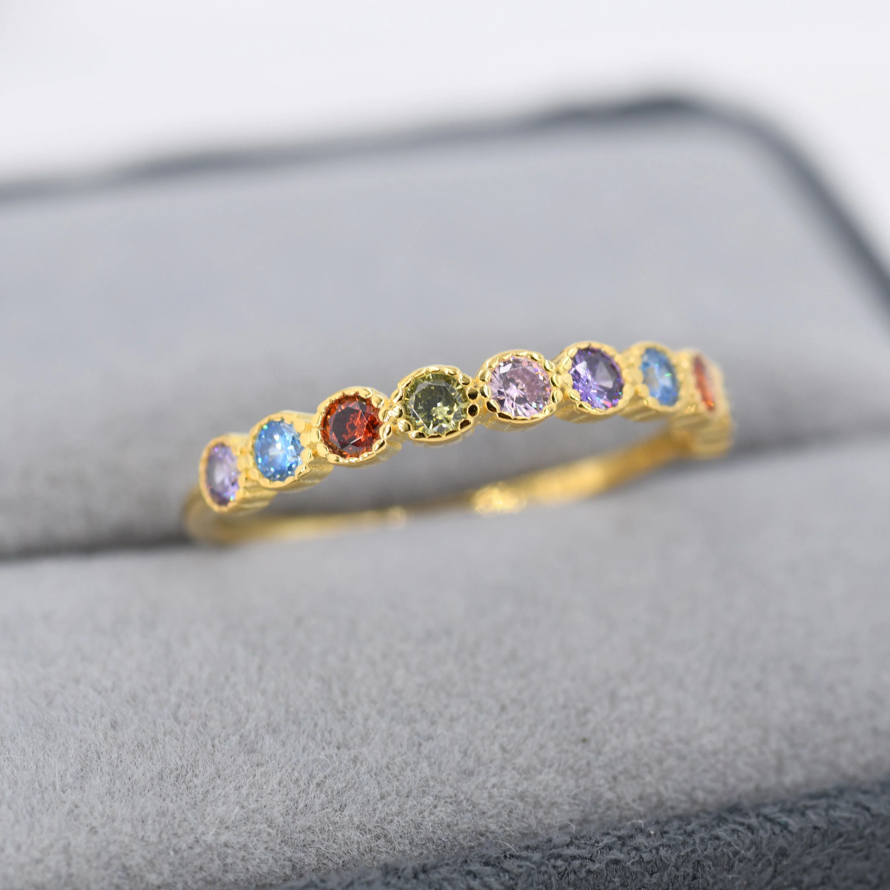 Multicolour CZ Infinity Ring in Sterling Silver, Silver or Gold, Dotted Bezel CZ Ring, Simulated Tourmaline US 5 - 8 - Image 4