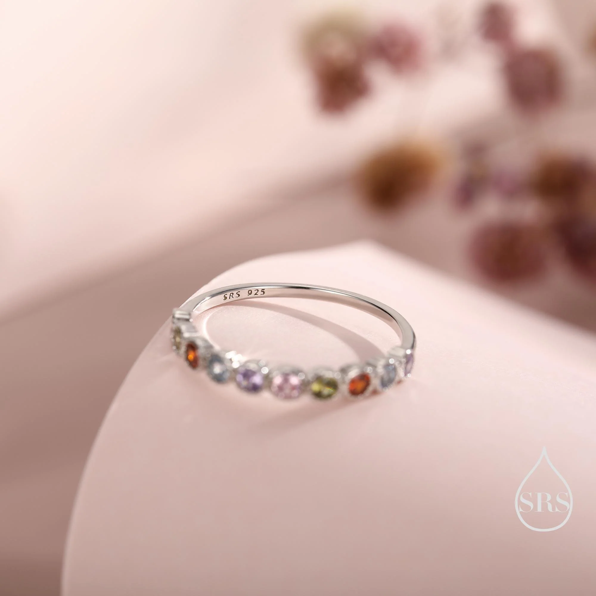 Multicolour CZ Infinity Ring in Sterling Silver, Silver or Gold, Dotted Bezel CZ Ring, Simulated Tourmaline US 5 - 8 - Image 7