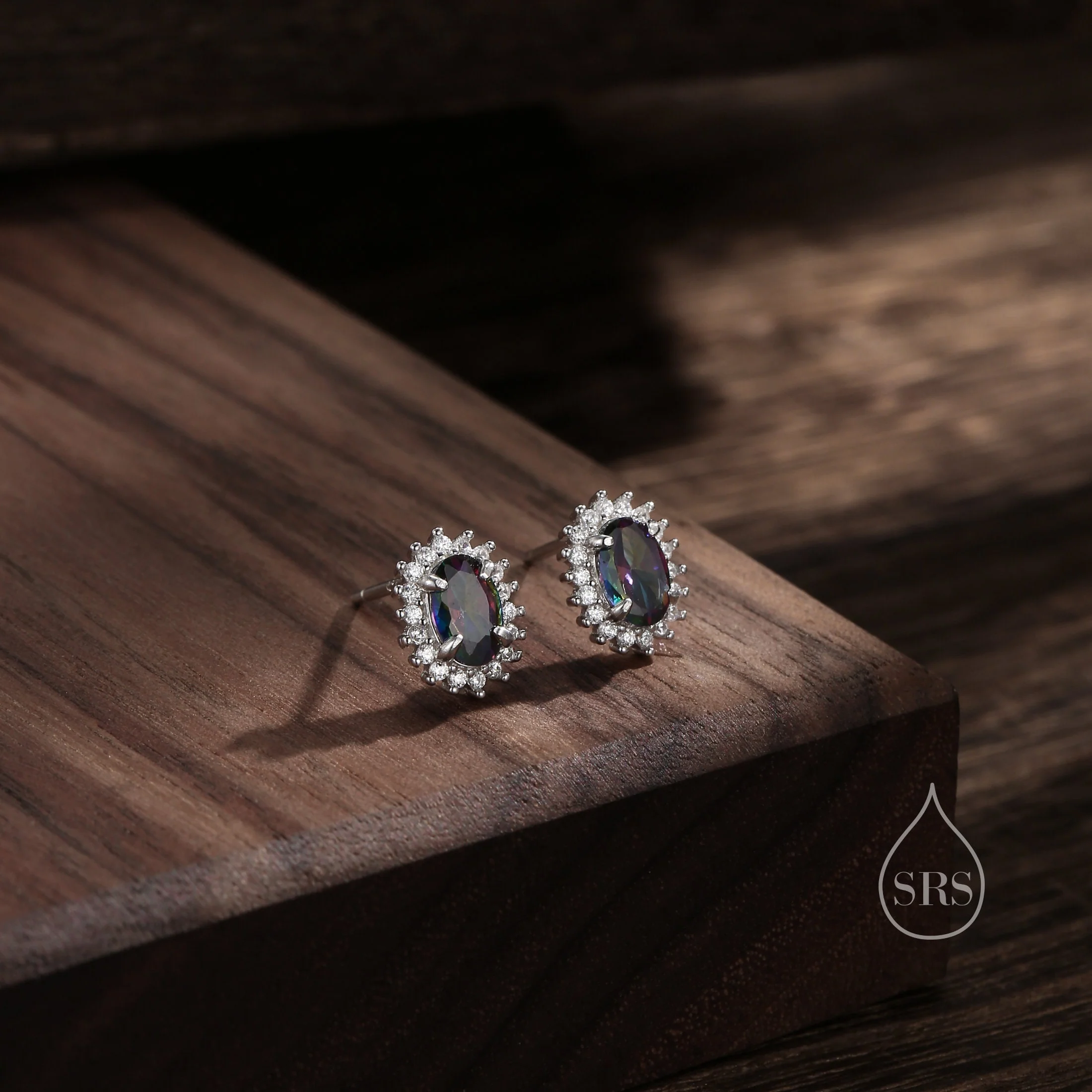 Mysitc Black Aurora CZ Oval Stud Earrings in Sterling Silver, AB Crystal or Mystic Topaz CZ Oval Halo Stud Earrings - Image 5