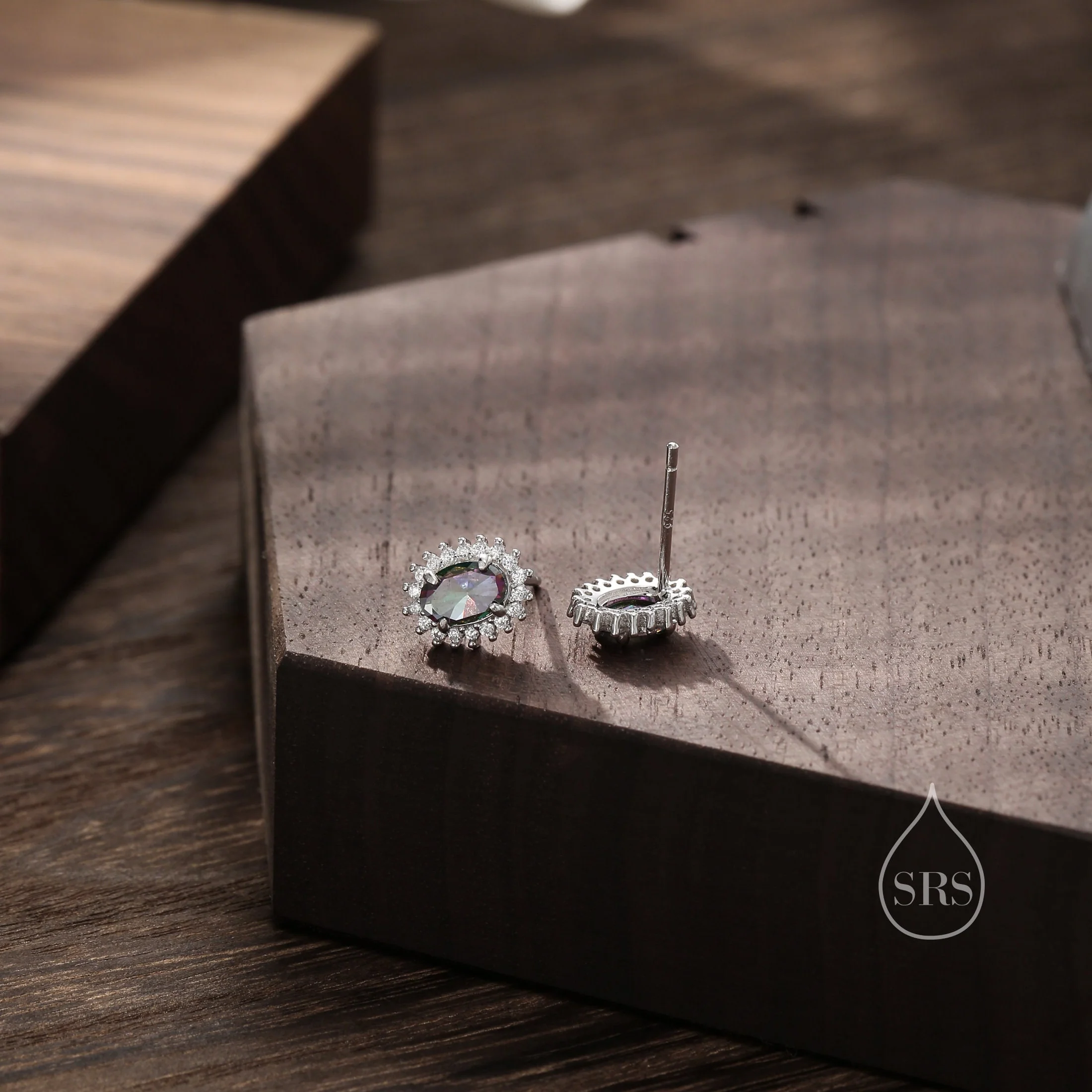 Mysitc Black Aurora CZ Oval Stud Earrings in Sterling Silver, AB Crystal or Mystic Topaz CZ Oval Halo Stud Earrings - Image 9