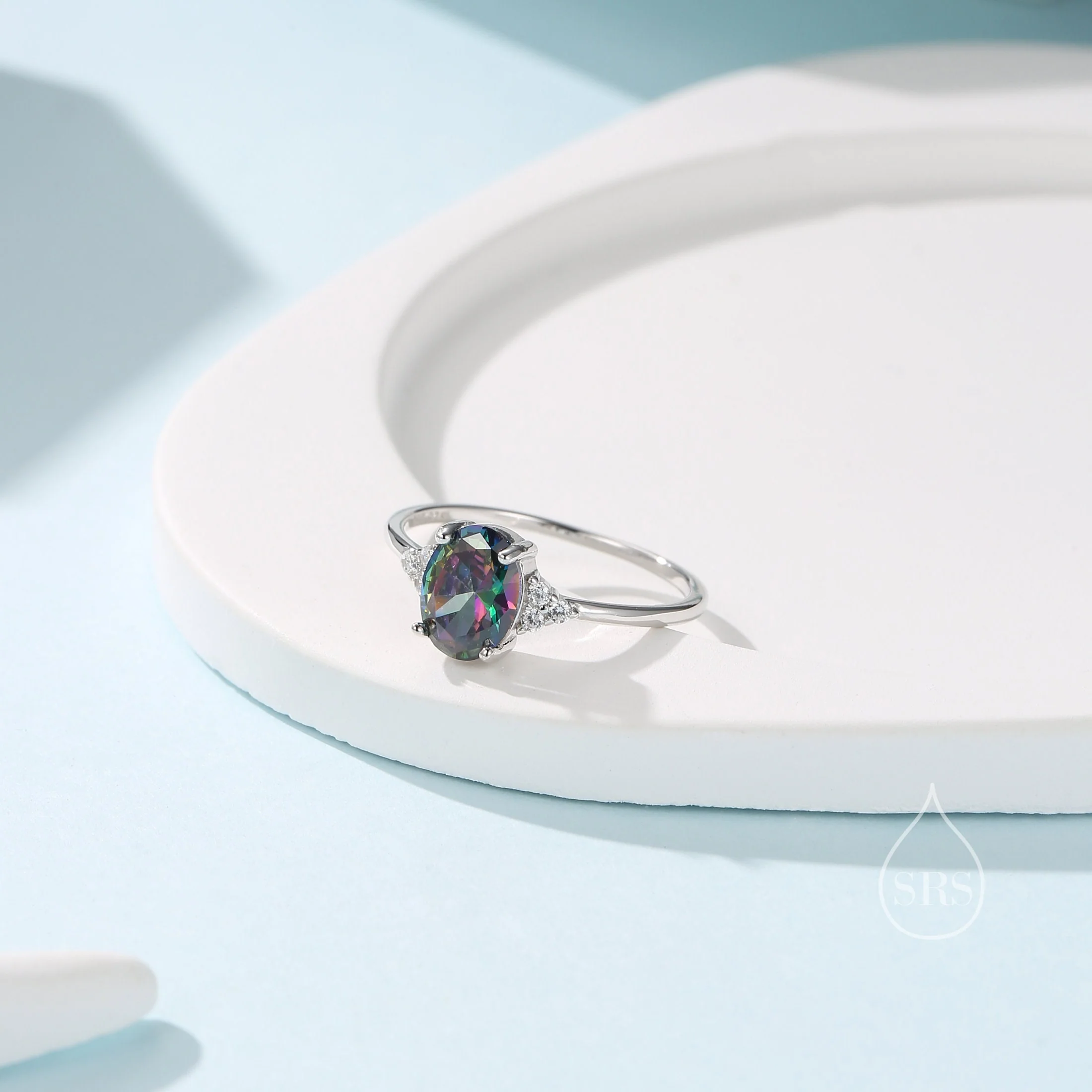Mystic Black AB Auroral CZ Oval Ring in Sterling Silver, Colour Changing Crystal Ring, Vintage Inspired Design, US 5 - 8, Mystic Topaz Ring - Image 4