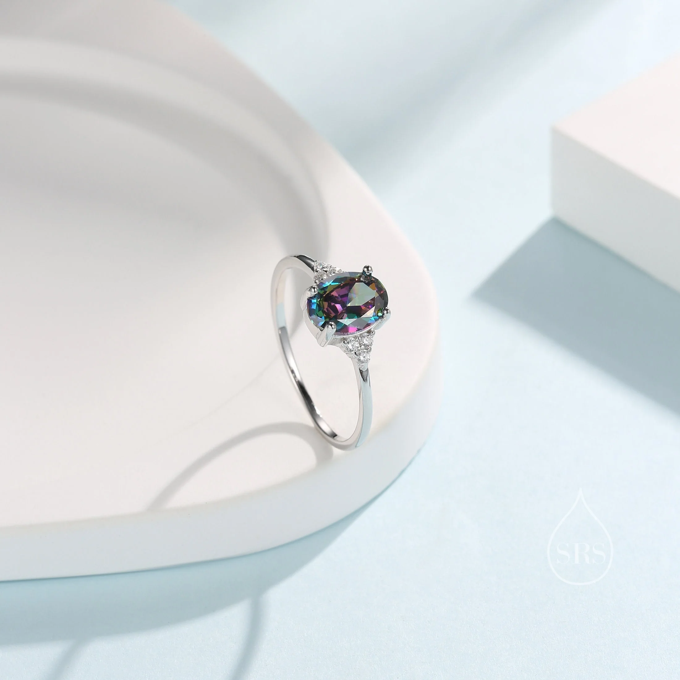Mystic Black AB Auroral CZ Oval Ring in Sterling Silver, Colour Changing Crystal Ring, Vintage Inspired Design, US 5 - 8, Mystic Topaz Ring - Image 5