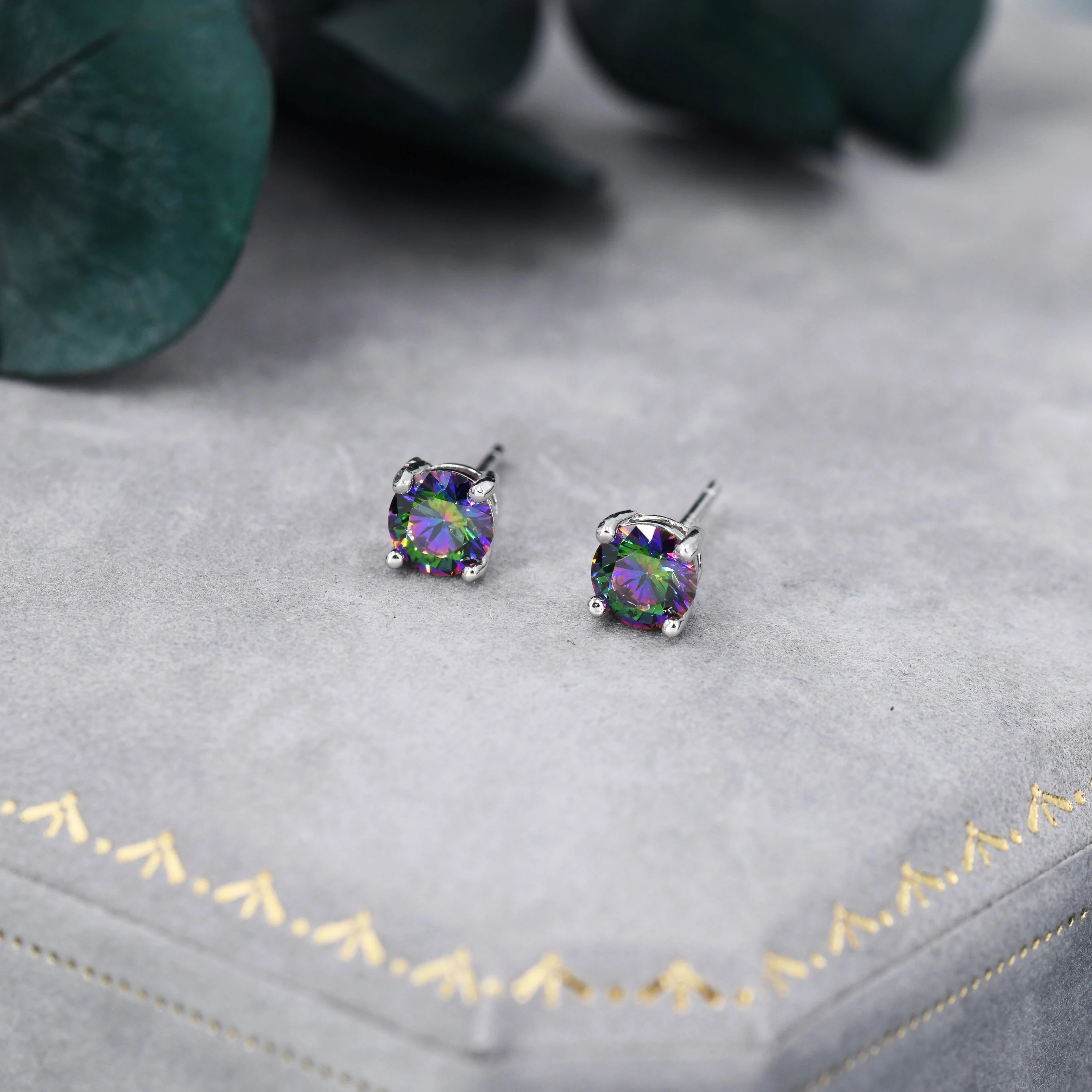 Mystic Black CZ Stud Earrings in Sterling Silver, 5mm Brilliant Cut AB Crystal Earrings, Birthstone - Image 3
