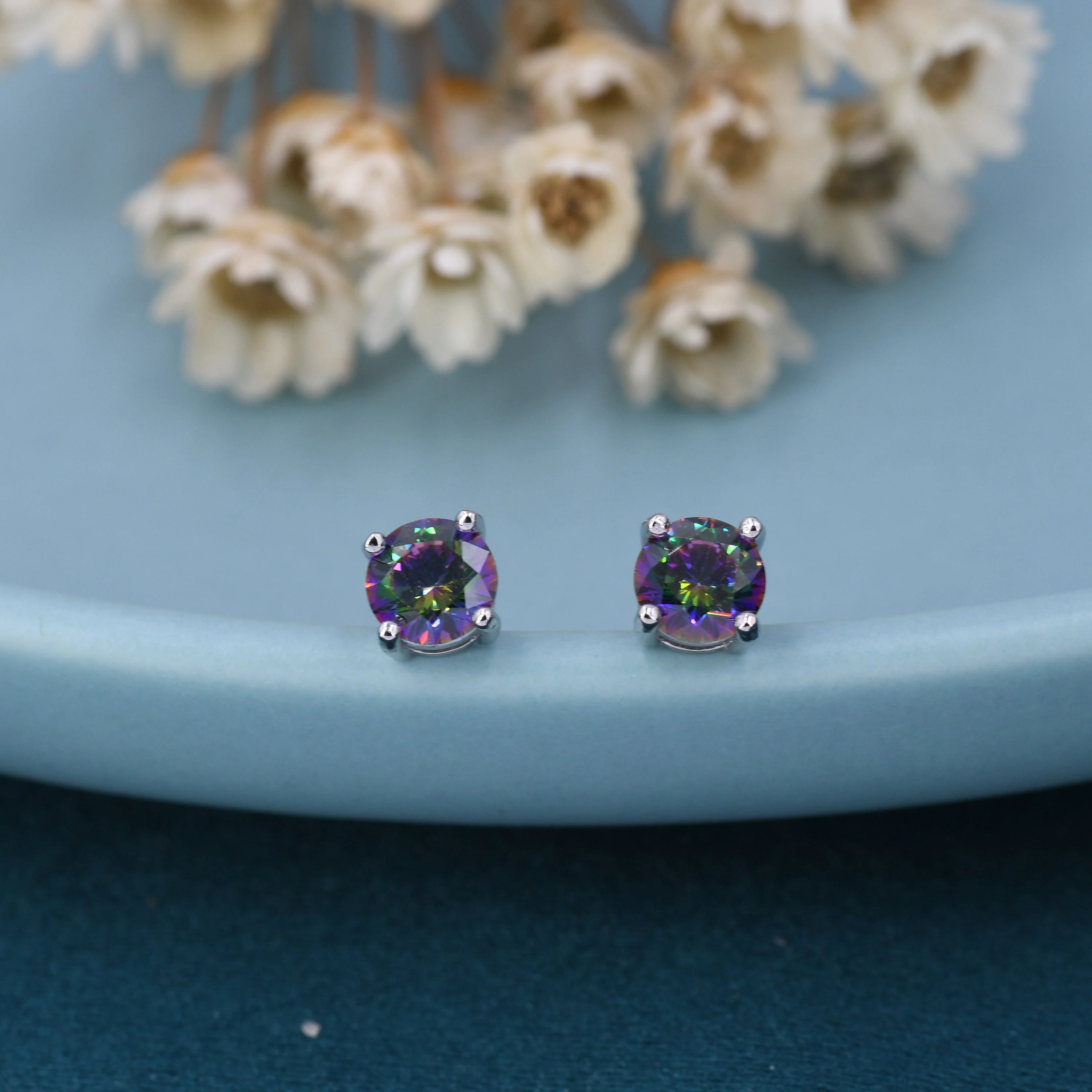Mystic Black CZ Stud Earrings in Sterling Silver, 5mm Brilliant Cut AB Crystal Earrings, Birthstone - Image 5