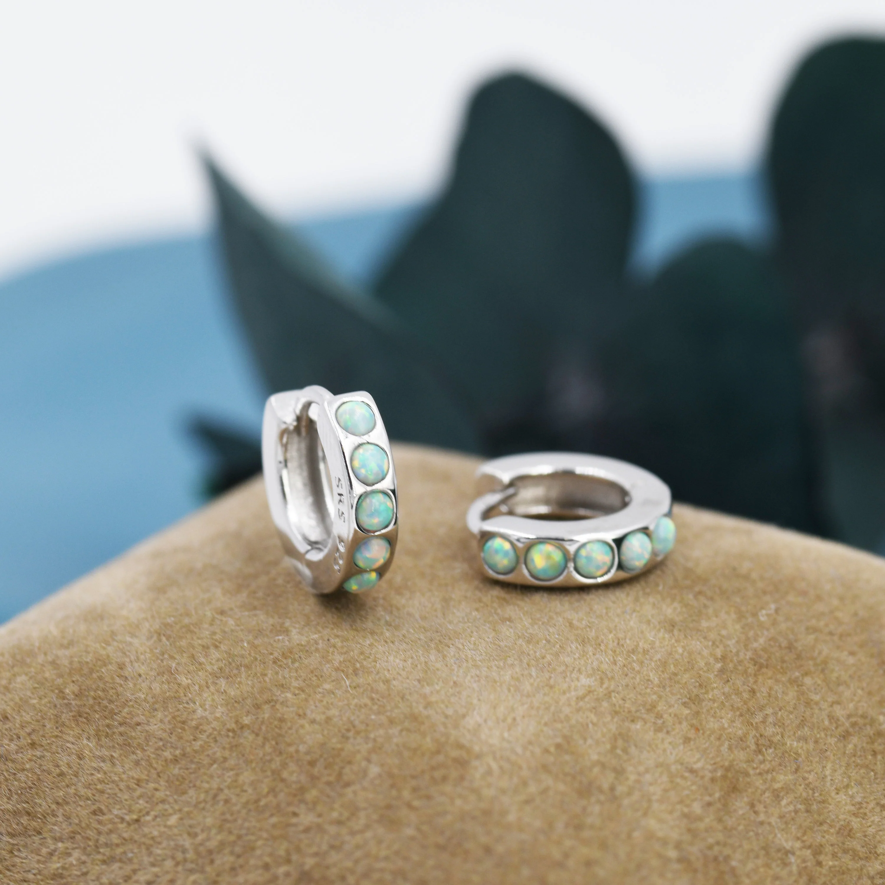 Mystic Green Opal Huggie Hoop Earrings in Sterling Silver, Silver or Gold, Lab Opal Hoops - Image 2