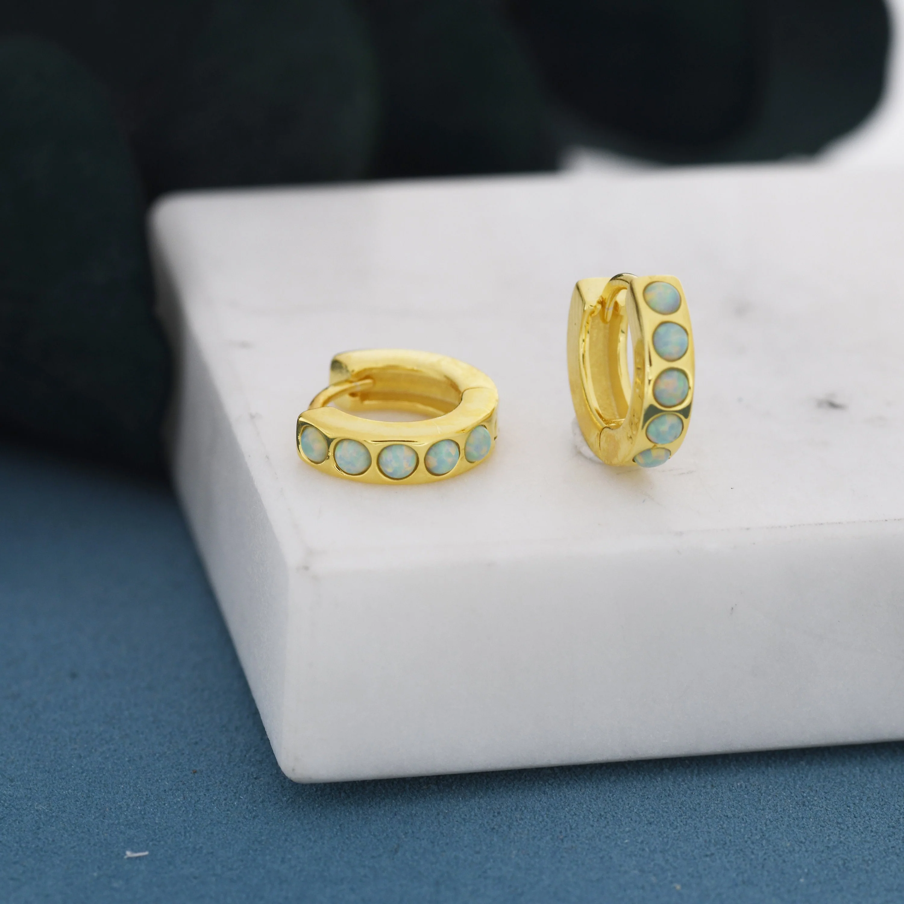 Mystic Green Opal Huggie Hoop Earrings in Sterling Silver, Silver or Gold, Lab Opal Hoops - Image 5