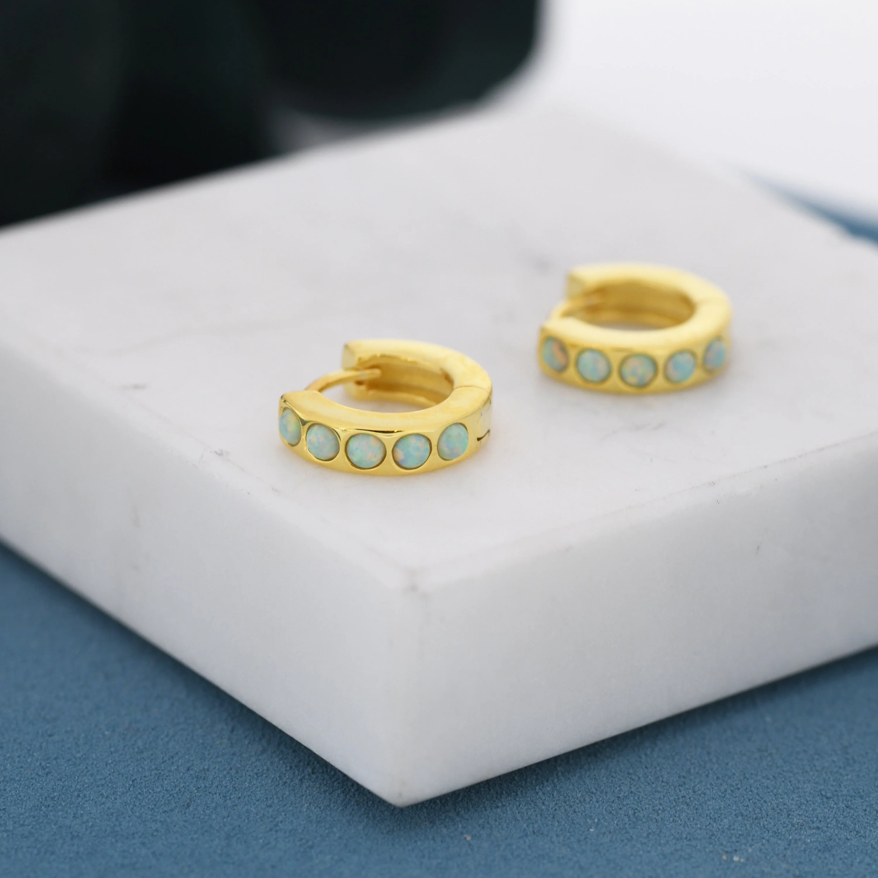 Mystic Green Opal Huggie Hoop Earrings in Sterling Silver, Silver or Gold, Lab Opal Hoops - Image 6