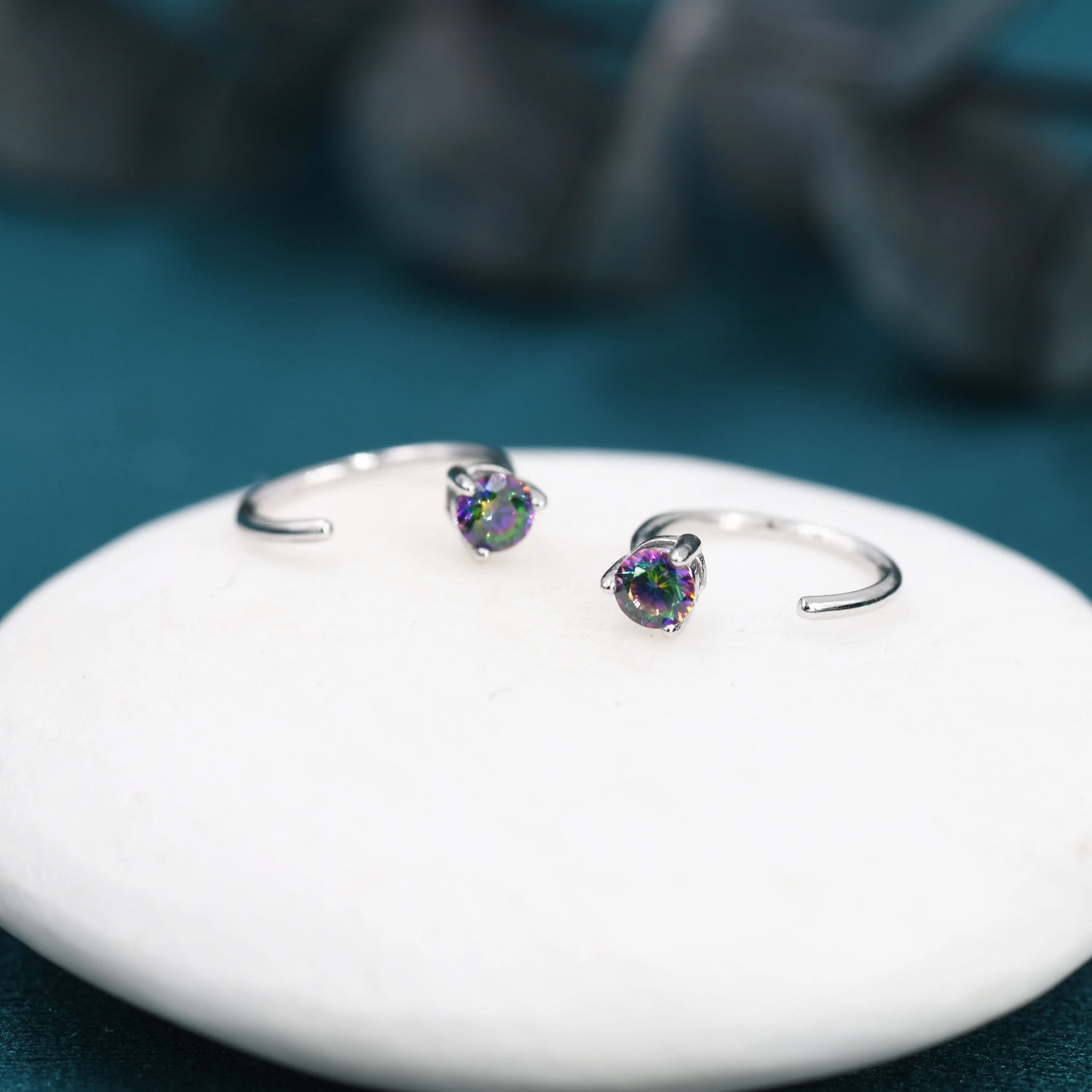 Mystic Topaz Crystal Huggie Hoop Threader Earrings in Sterling Silver, 3mm Three Prong, Gold or Silver, Pull Through Open Hoops - Image 4