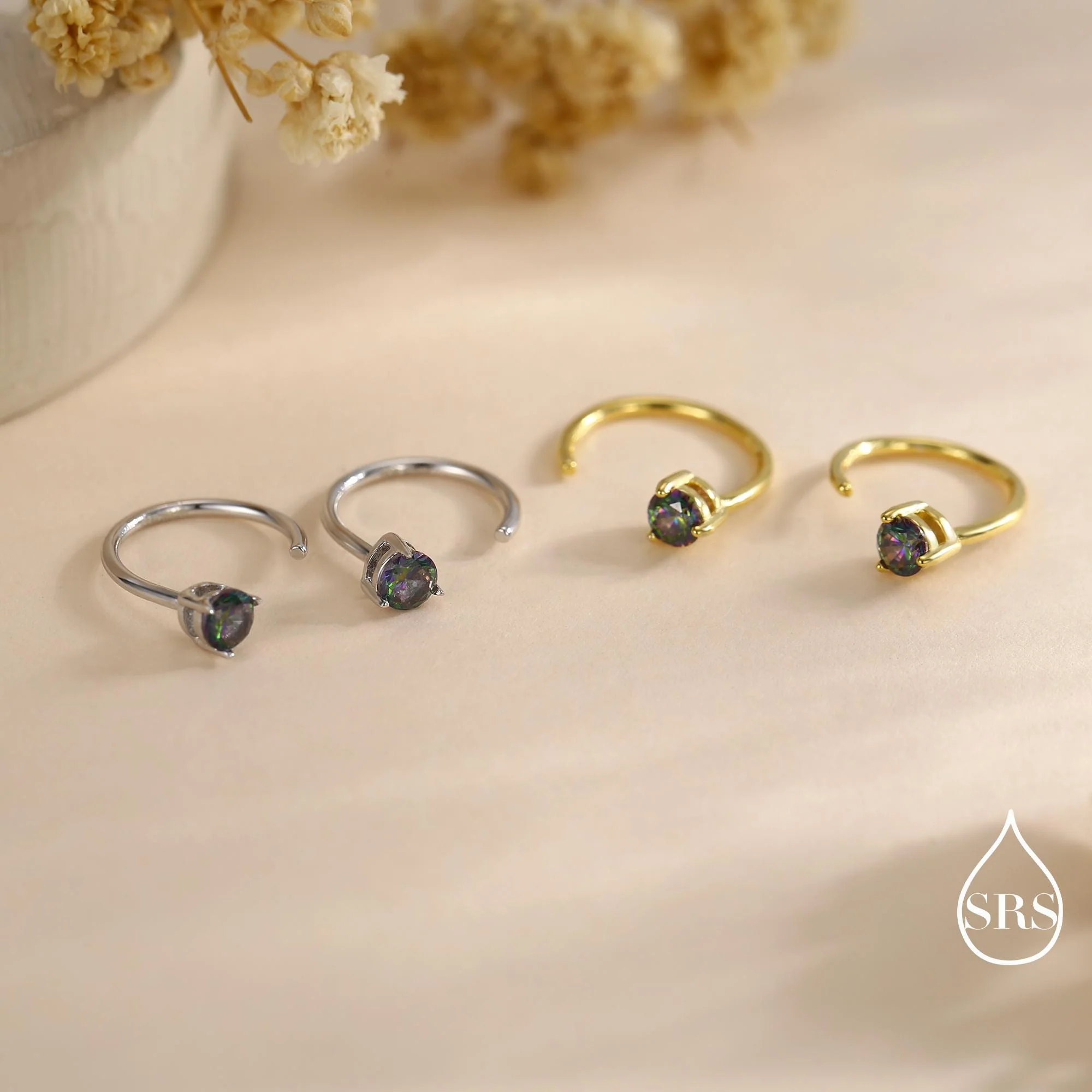 Mystic Topaz Crystal Huggie Hoop Threader Earrings in Sterling Silver, 3mm Three Prong, Gold or Silver, Pull Through Open Hoops - Image 5