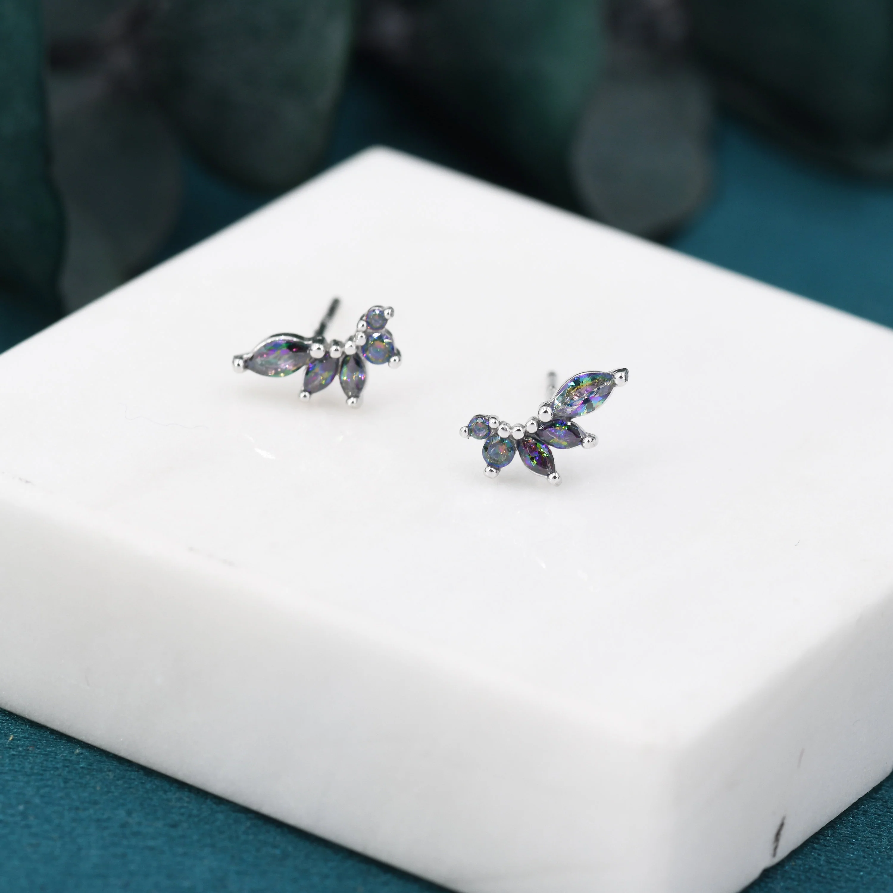 Mystic Topaz CZ Marquise Cluster Stud Earrings in Sterling Silver, Silver or Gold, Colour Changing Black Marquise Earrings, CZ Wing Earrings - Image 3